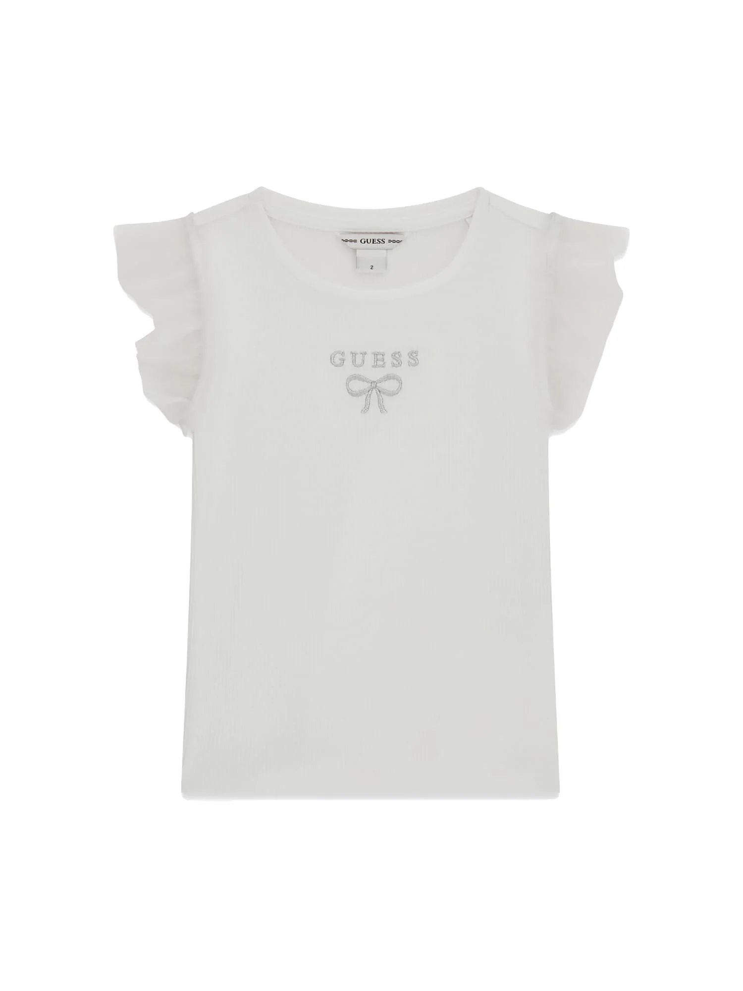 T-shirt Guess Bambina a costine con maniche a balze bianco
