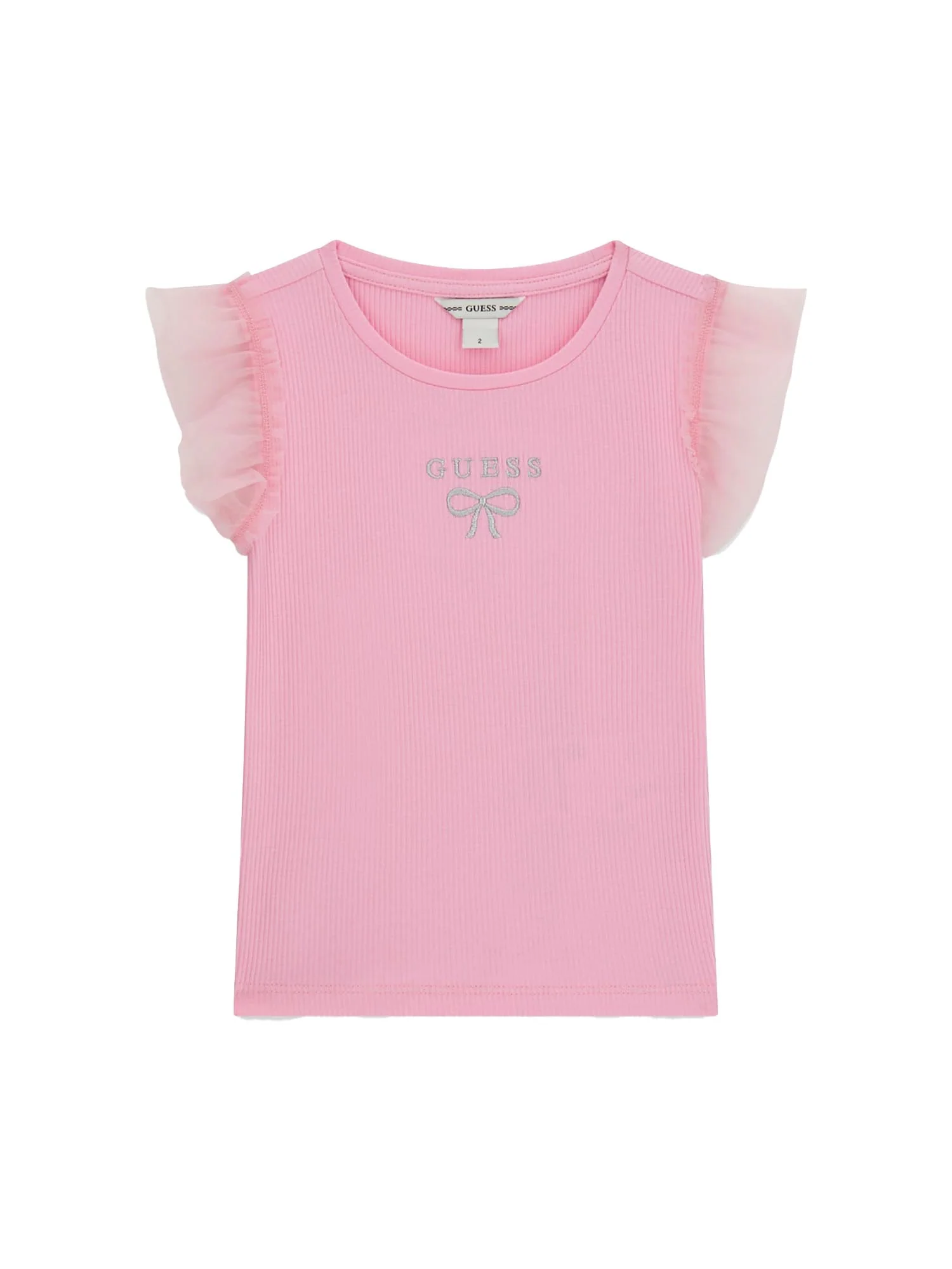 T-shirt Guess Bambina a costine con maniche a balze rosa