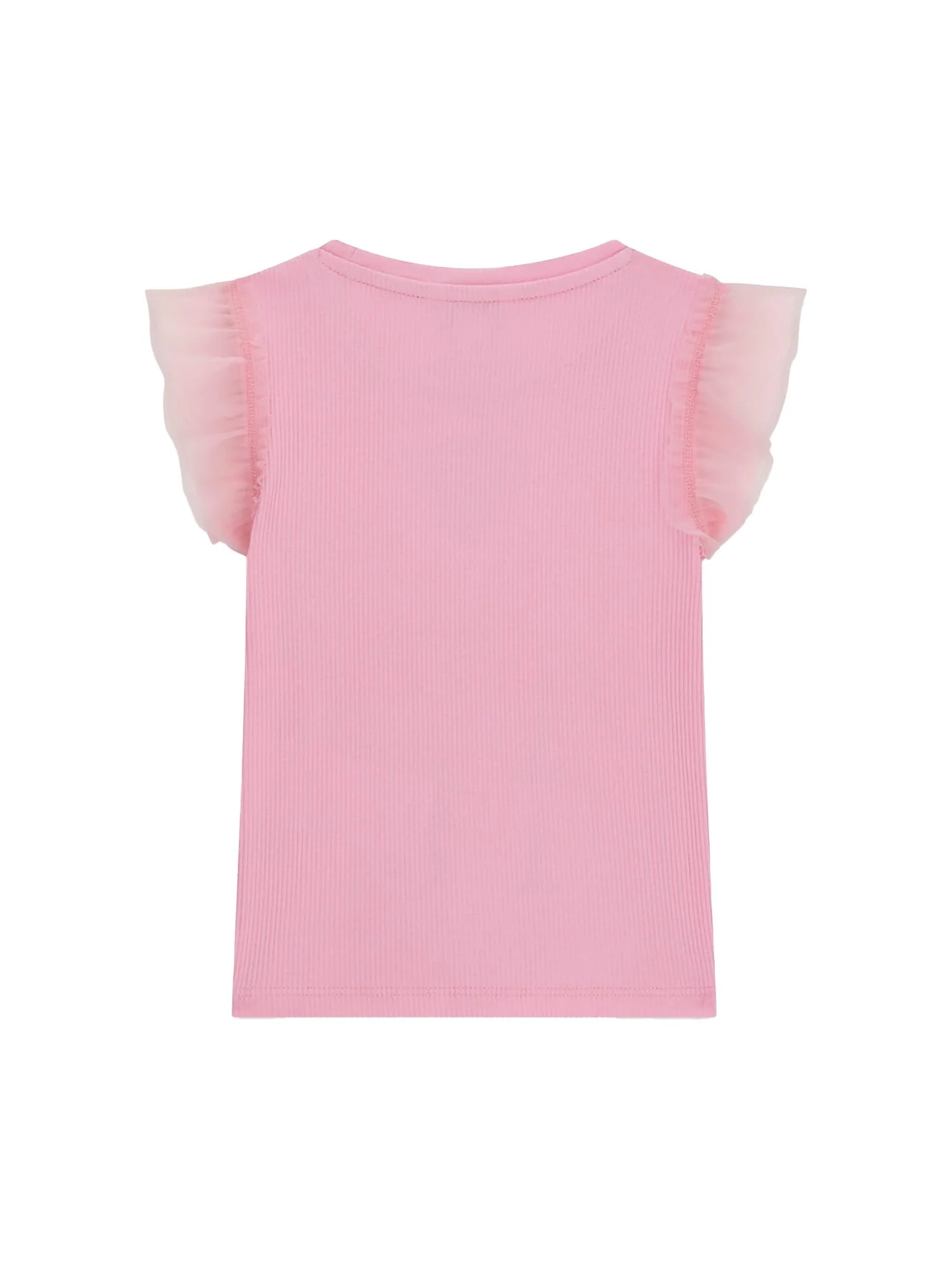 T-shirt Guess Bambina a costine con maniche a balze rosa - Image 2