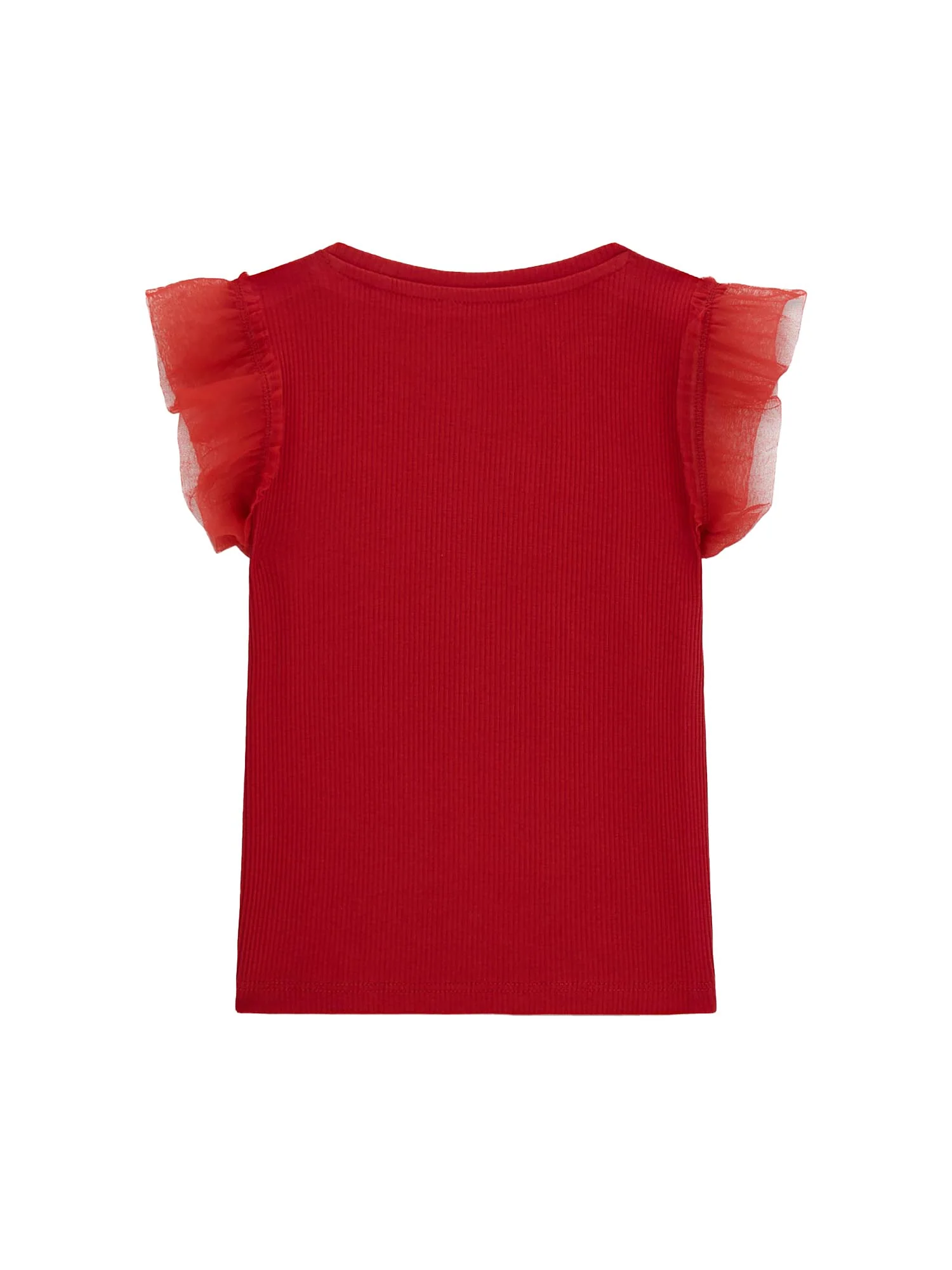 T-shirt Guess Bambina a costine con maniche a balze rosso - Image 2