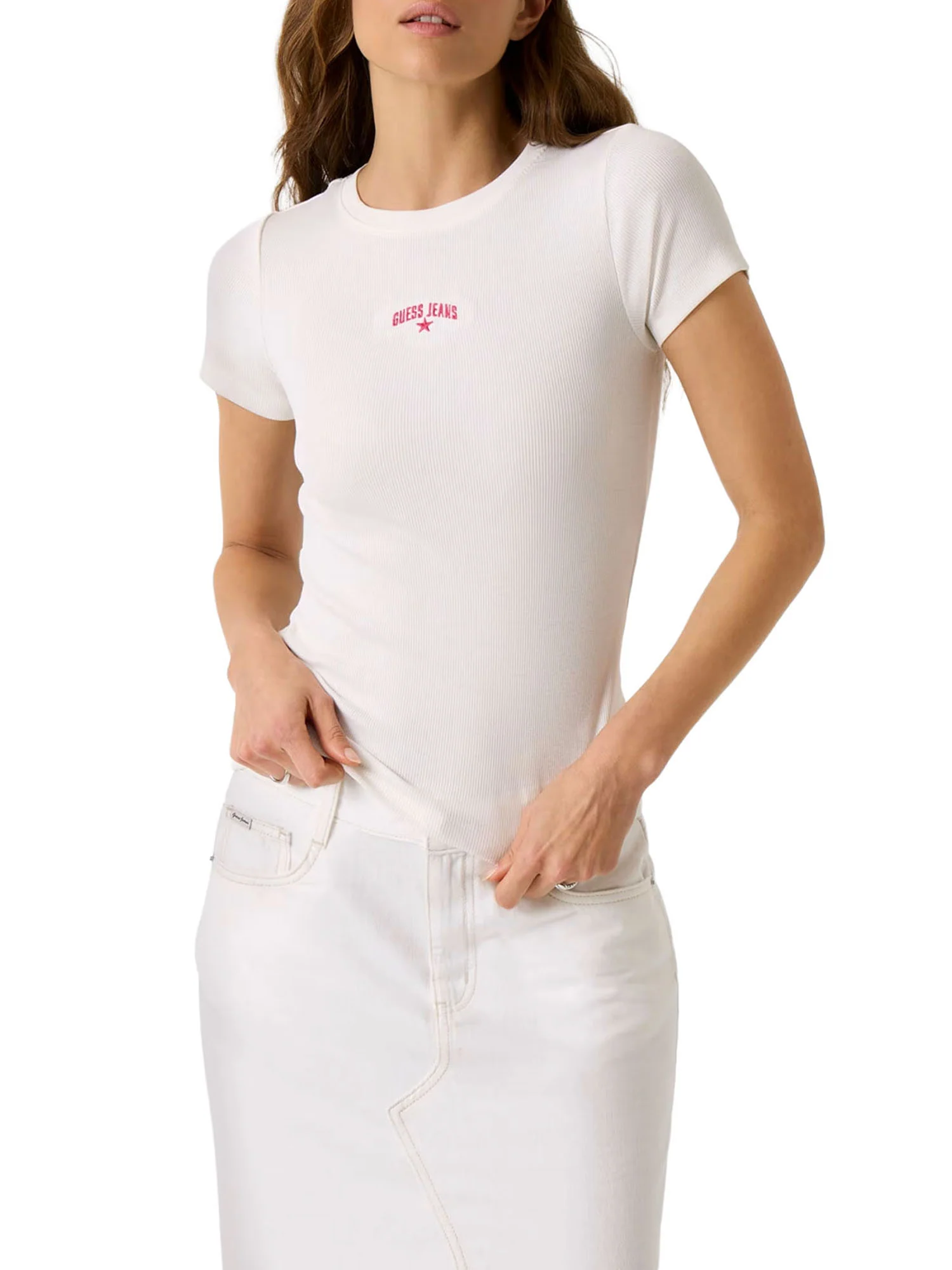 T-shirt Guess donna manica corta Rib Embro bianco