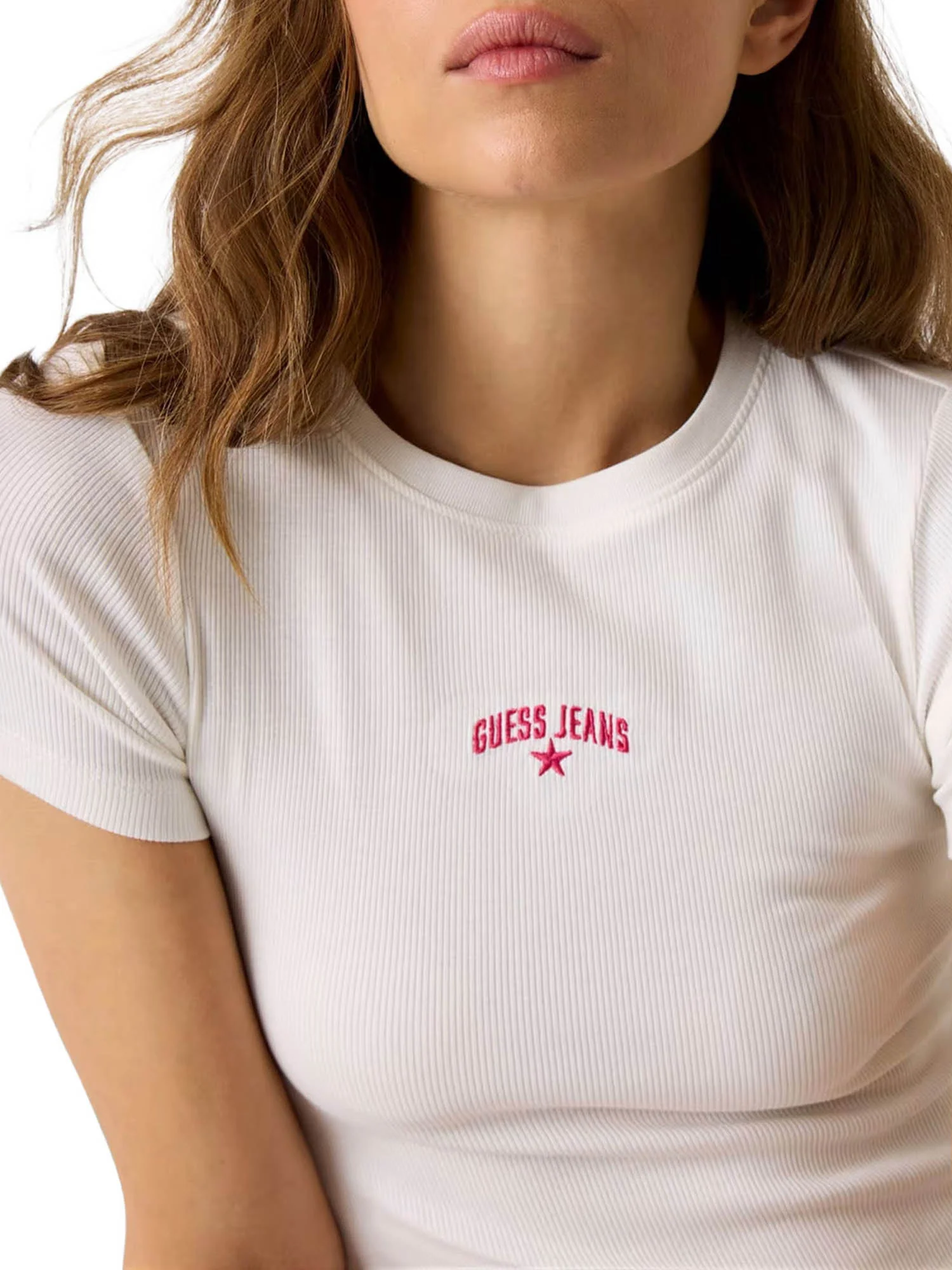 T-shirt Guess donna manica corta Rib Embro bianco - Image 3