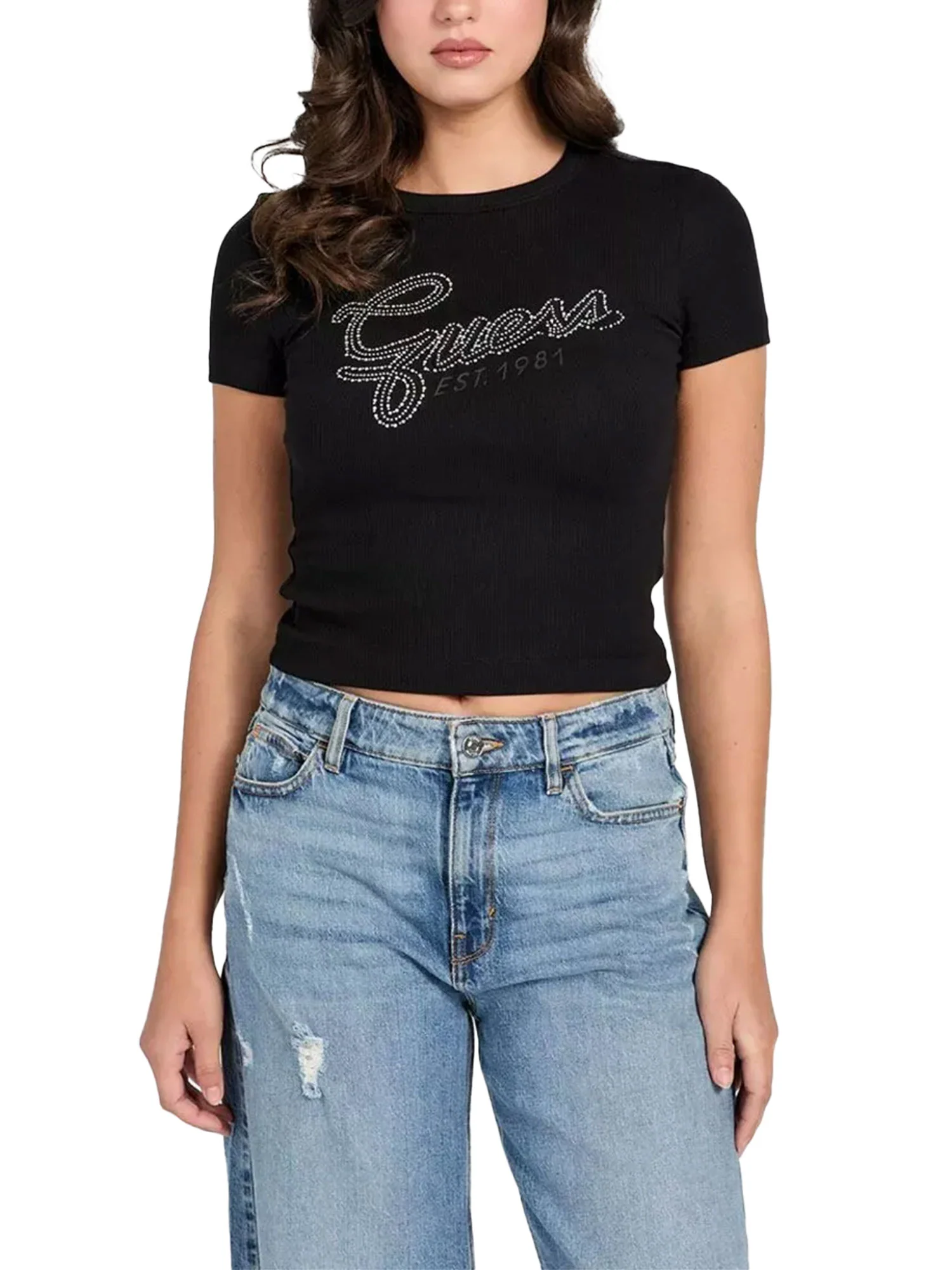 T-shirt Guess Donna studs script nero