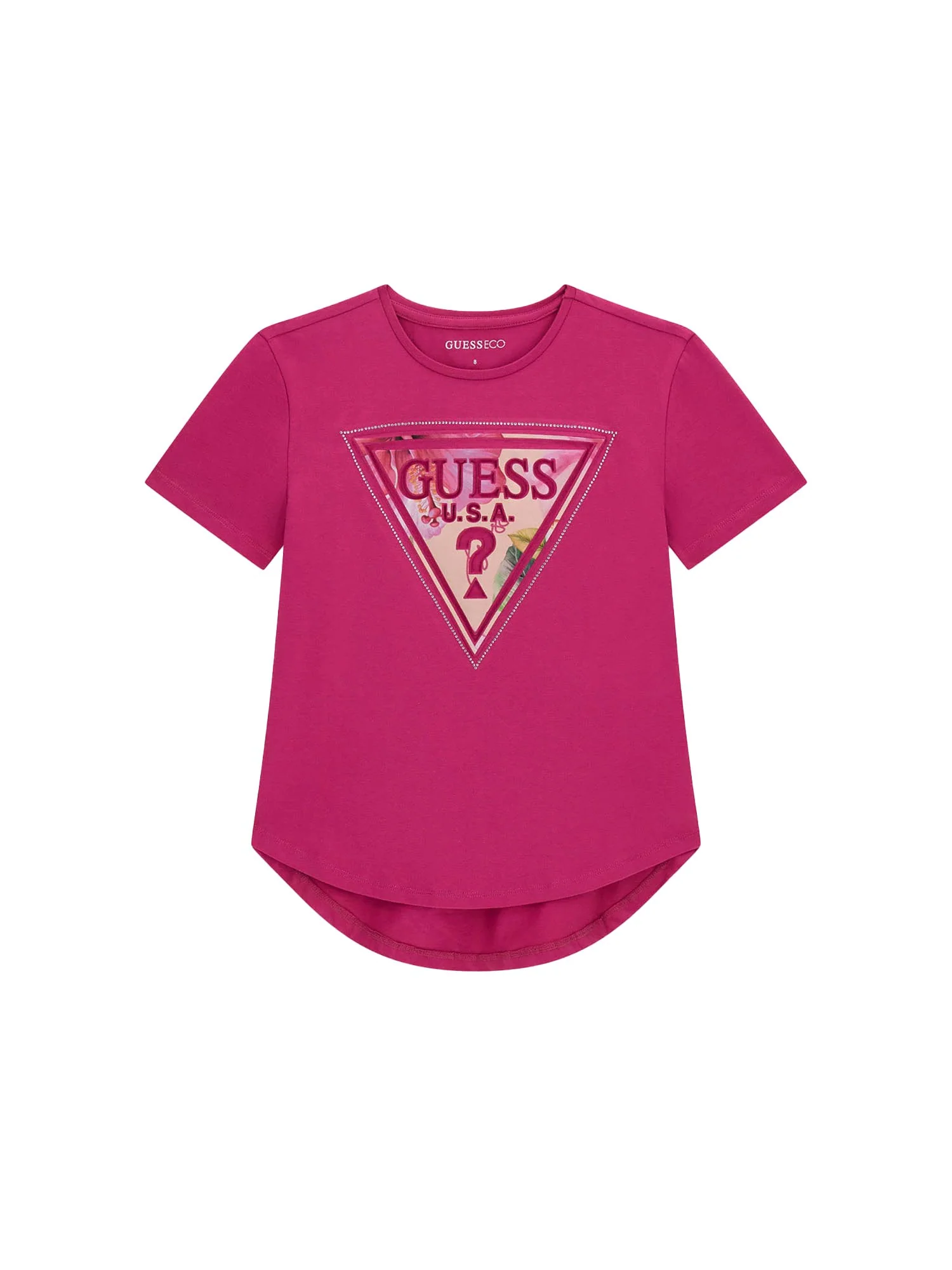T-shirt Guess Bambina high low logo strass viola