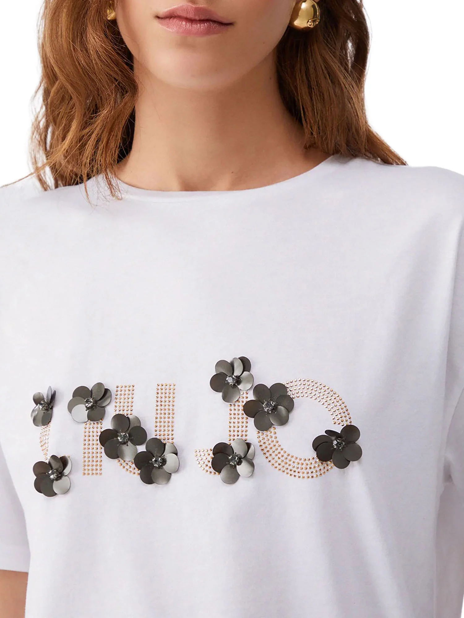 T-shirt Liu Jo Donna manica corta sequins flowers  bianco - Image 3