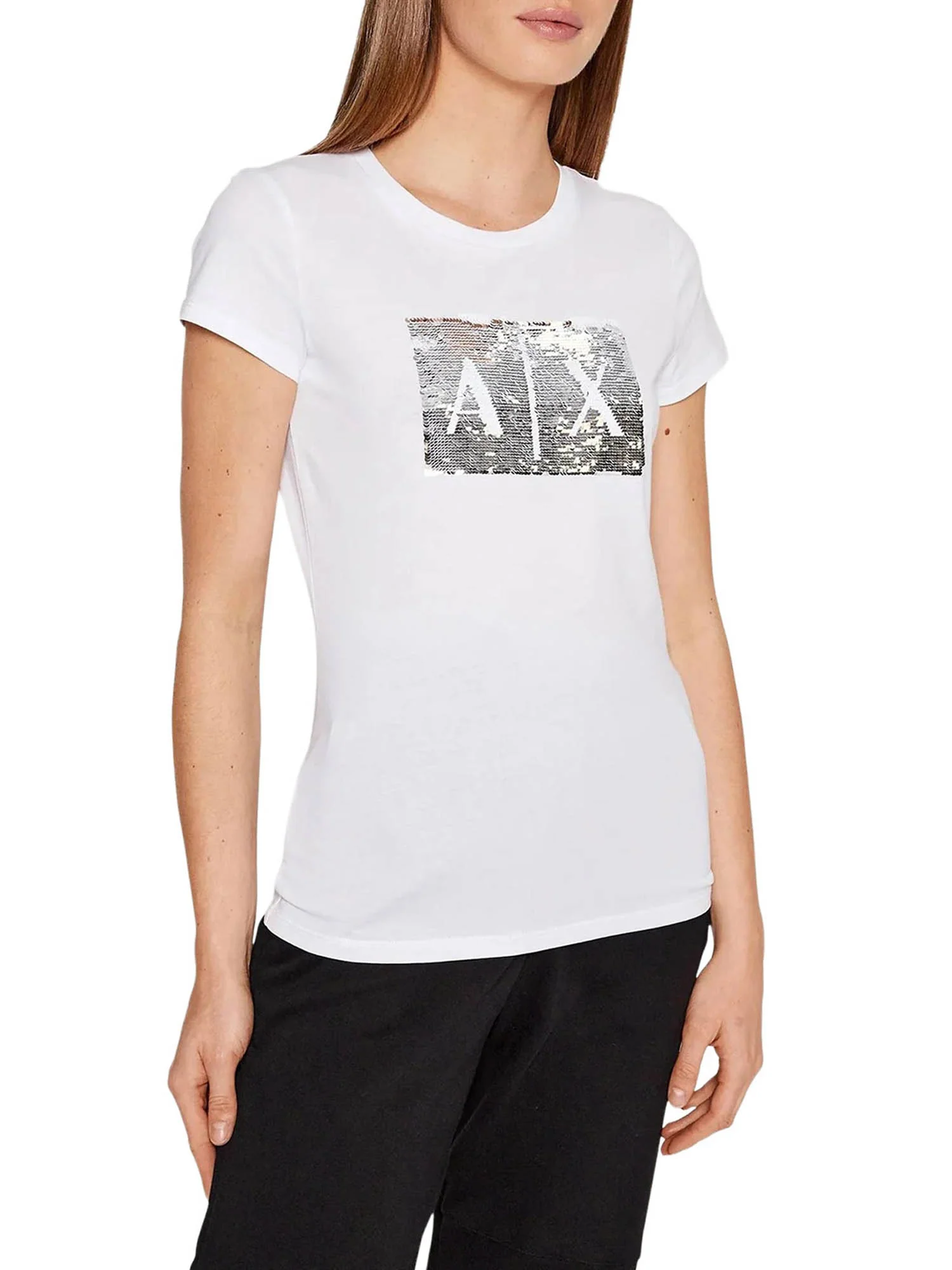 T-shirt Armani Exchange Donna a manica corta logo paillettes
 Bianco