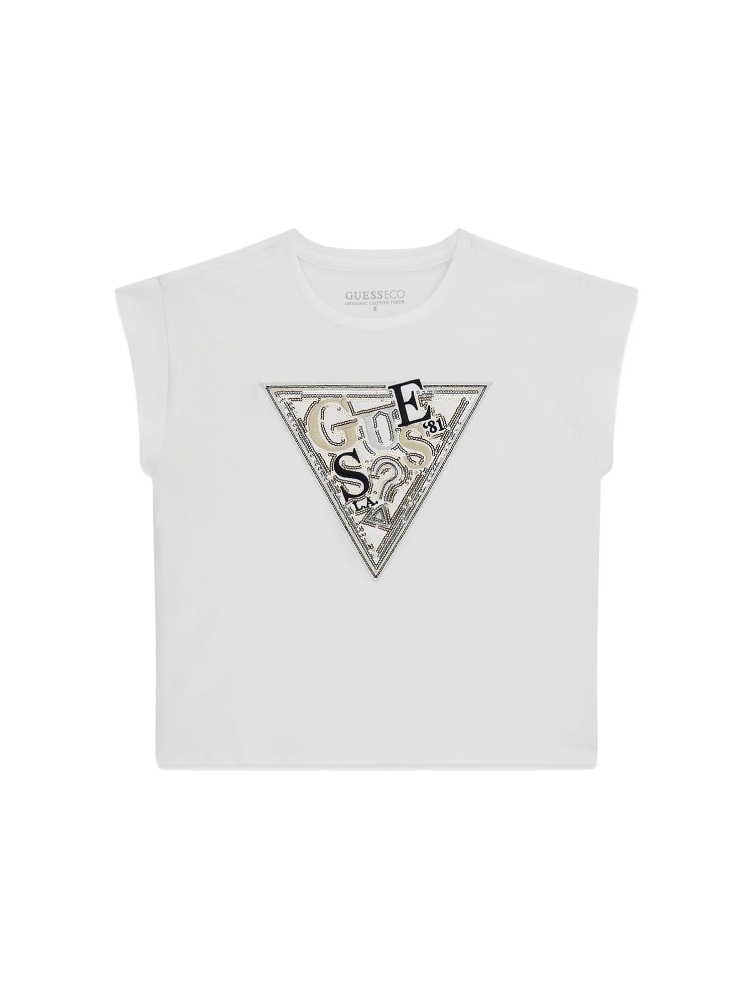 T-shirt Guess Bambina con logo paillettes bianco