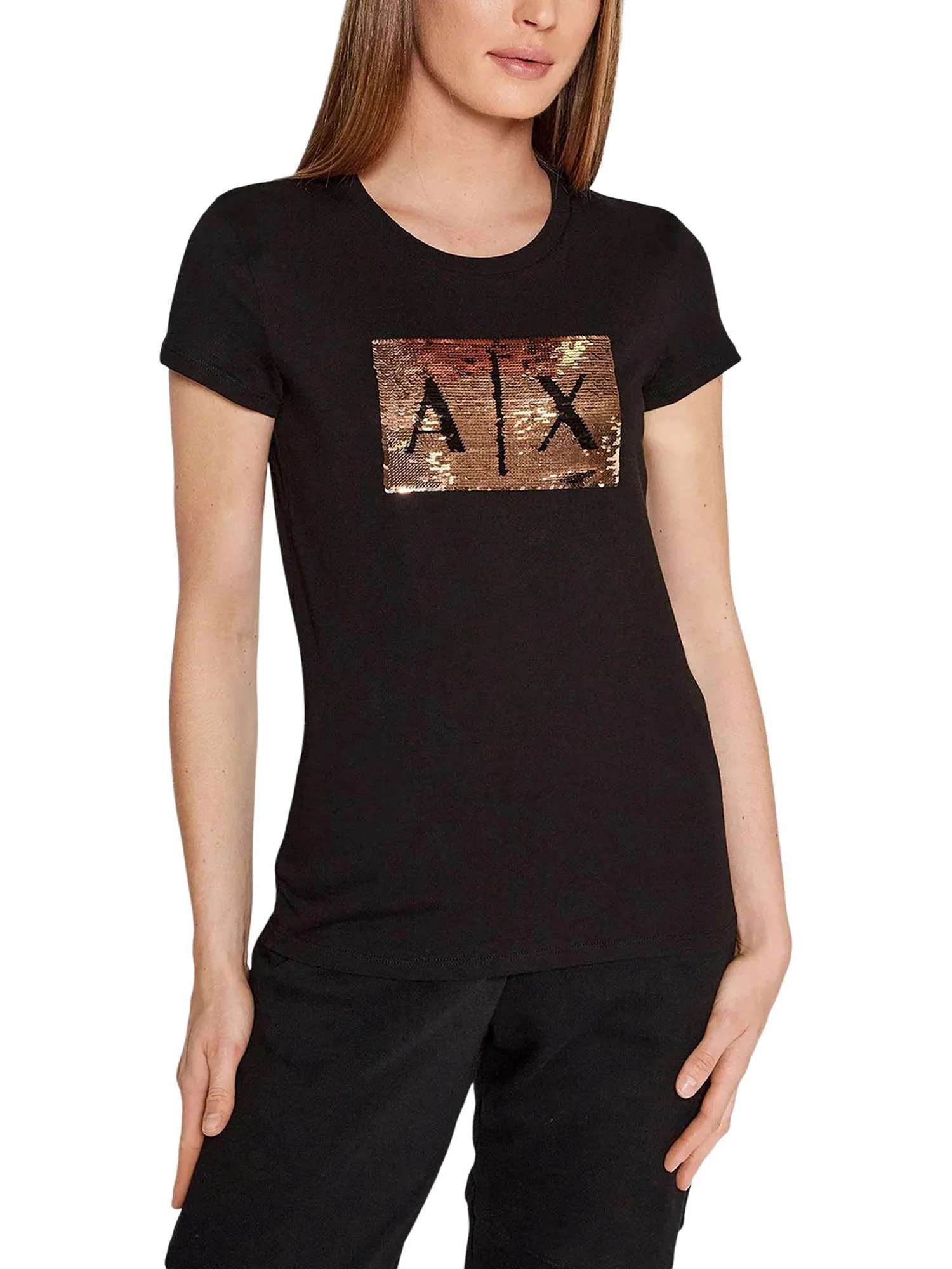 T-shirt Armani Exchange Donna a manica corta logo paillettes
 Nero\Oro