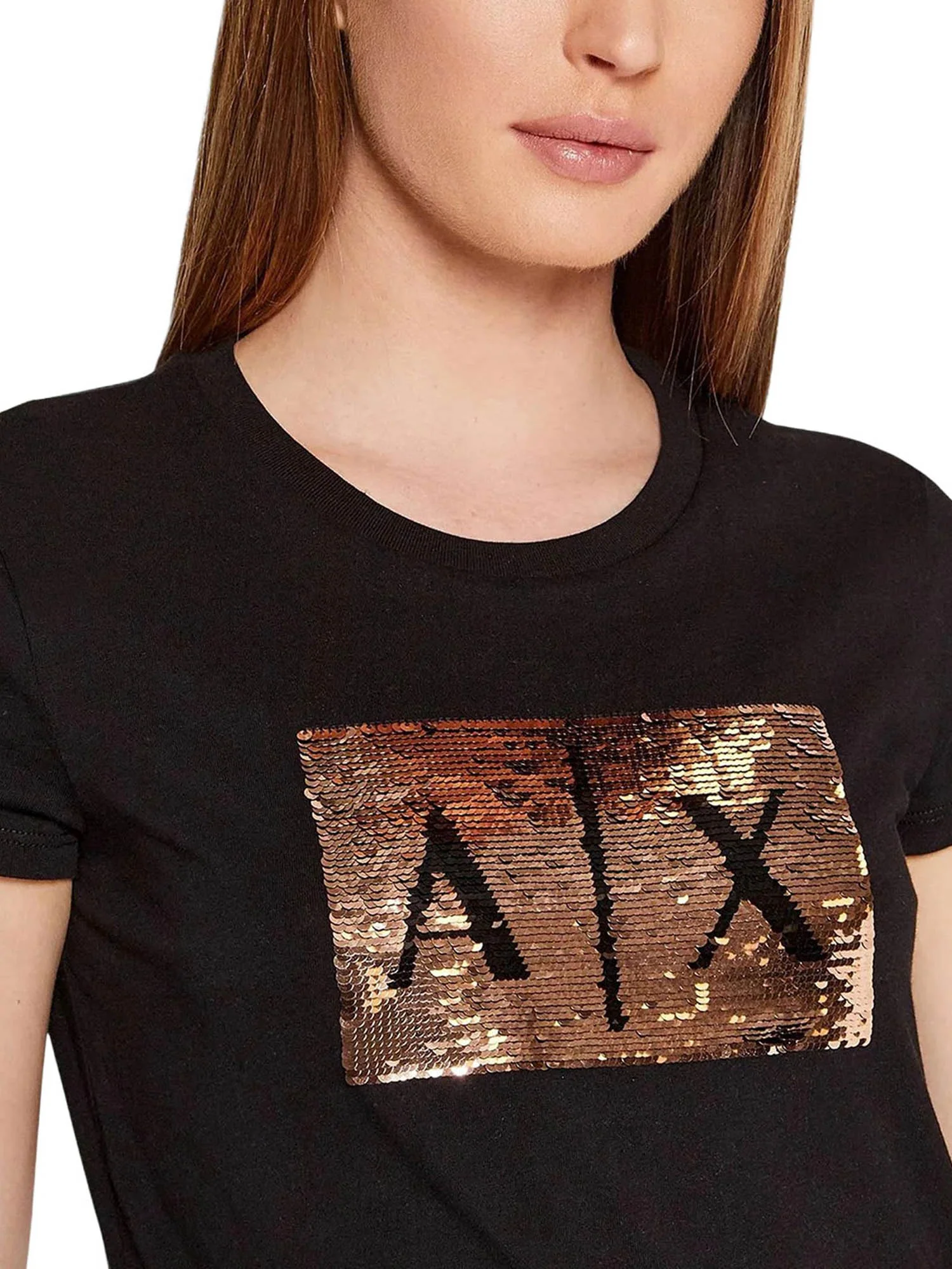 T-shirt Armani Exchange Donna a manica corta logo paillettes
 Nero\Oro - Image 3