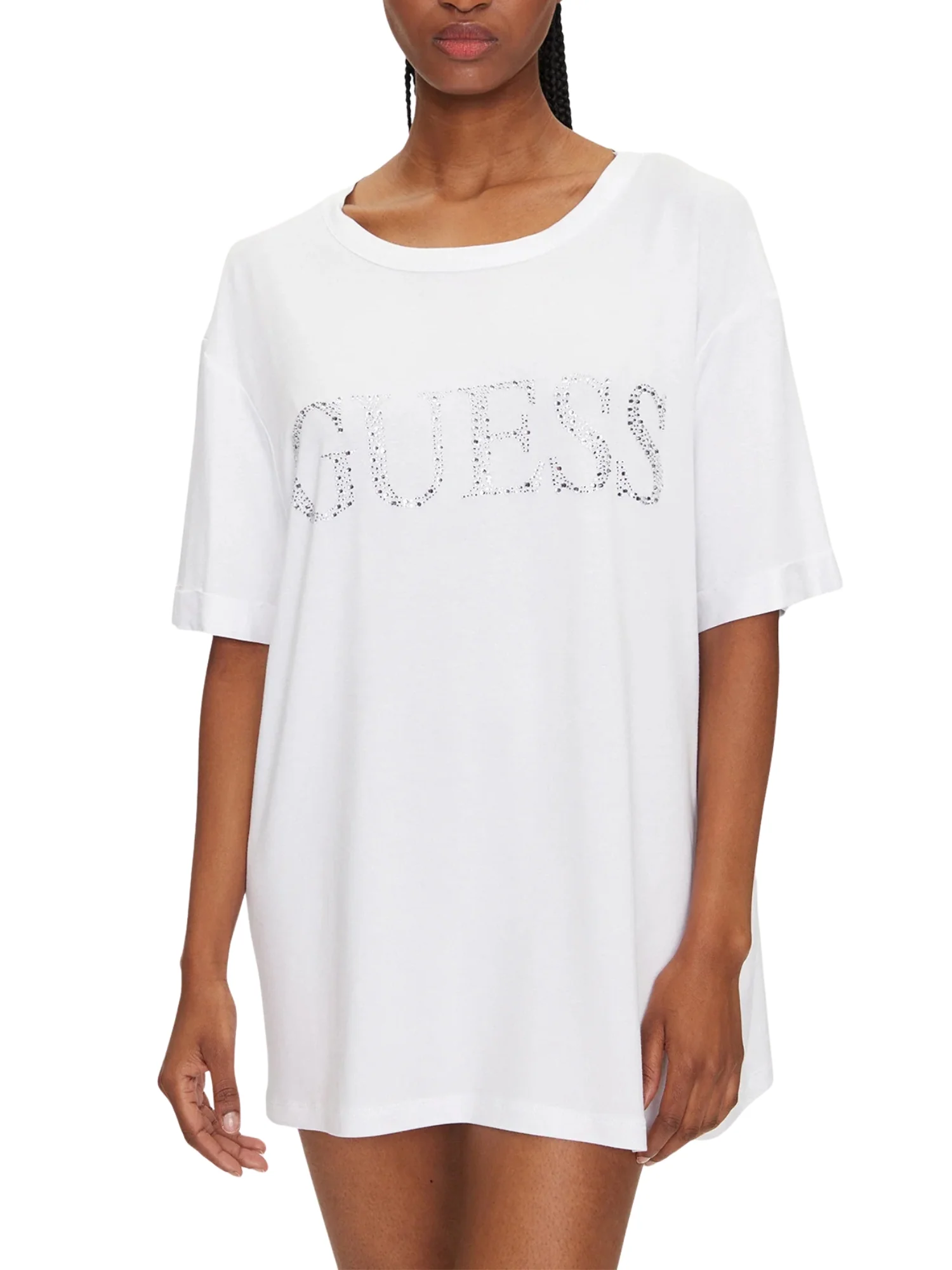 T-shirt manica corta lunga Guess donna con logo frontale bianco