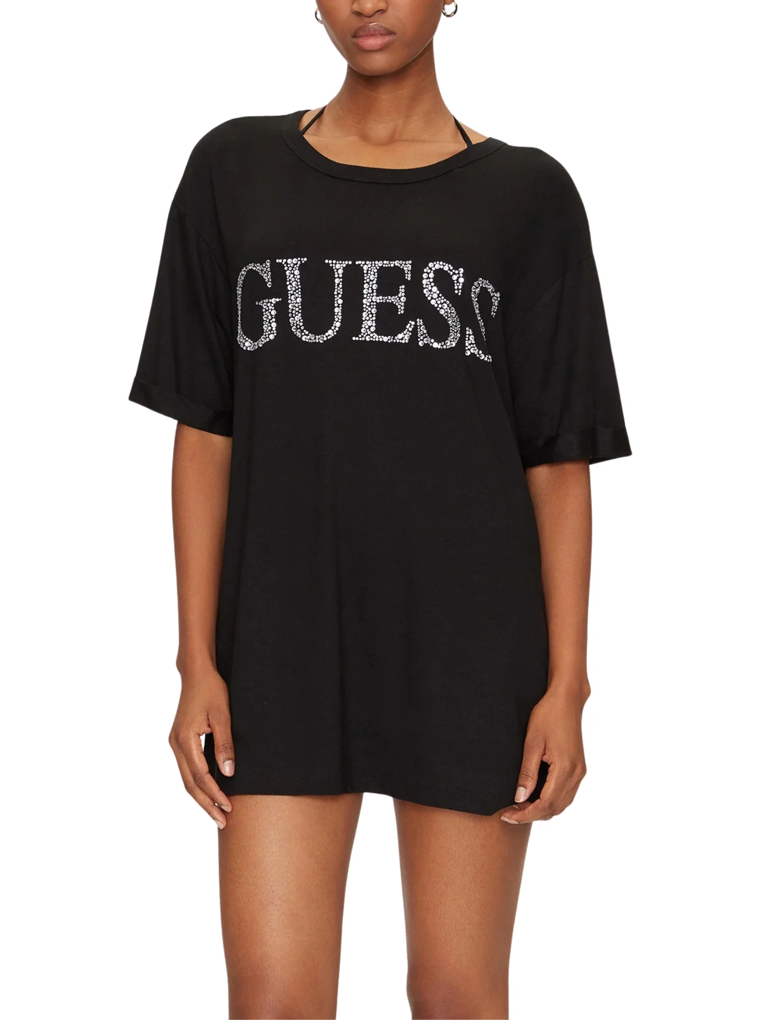 T-shirt manica corta lunga Guess donna con logo frontale nero