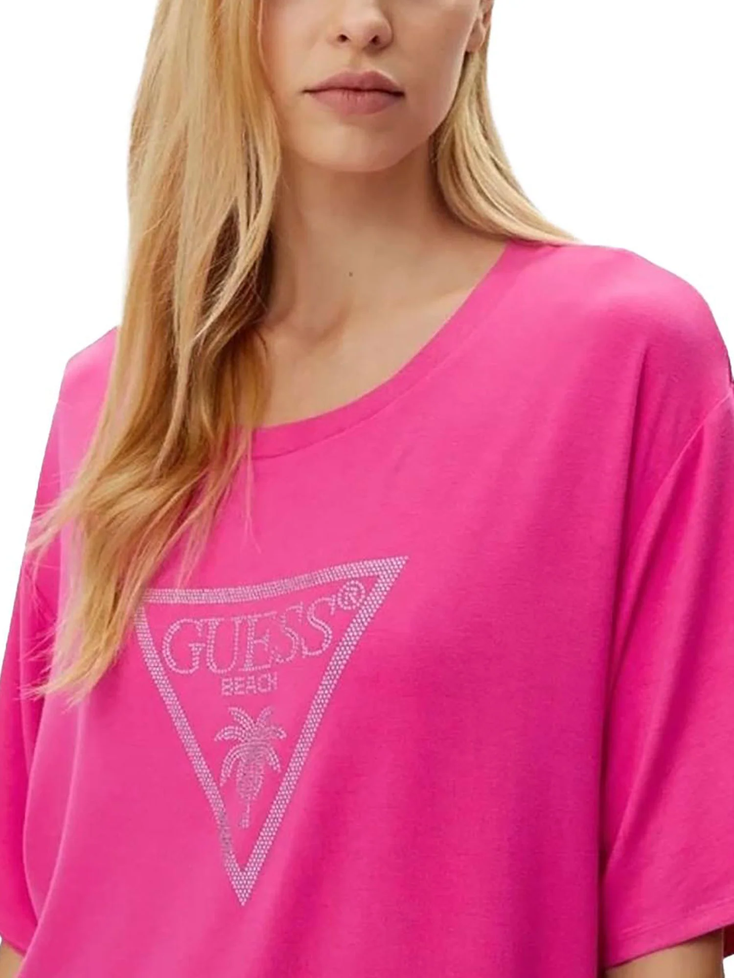 T-shirt Guess Donna maxi triangle strass fucsia - Image 3