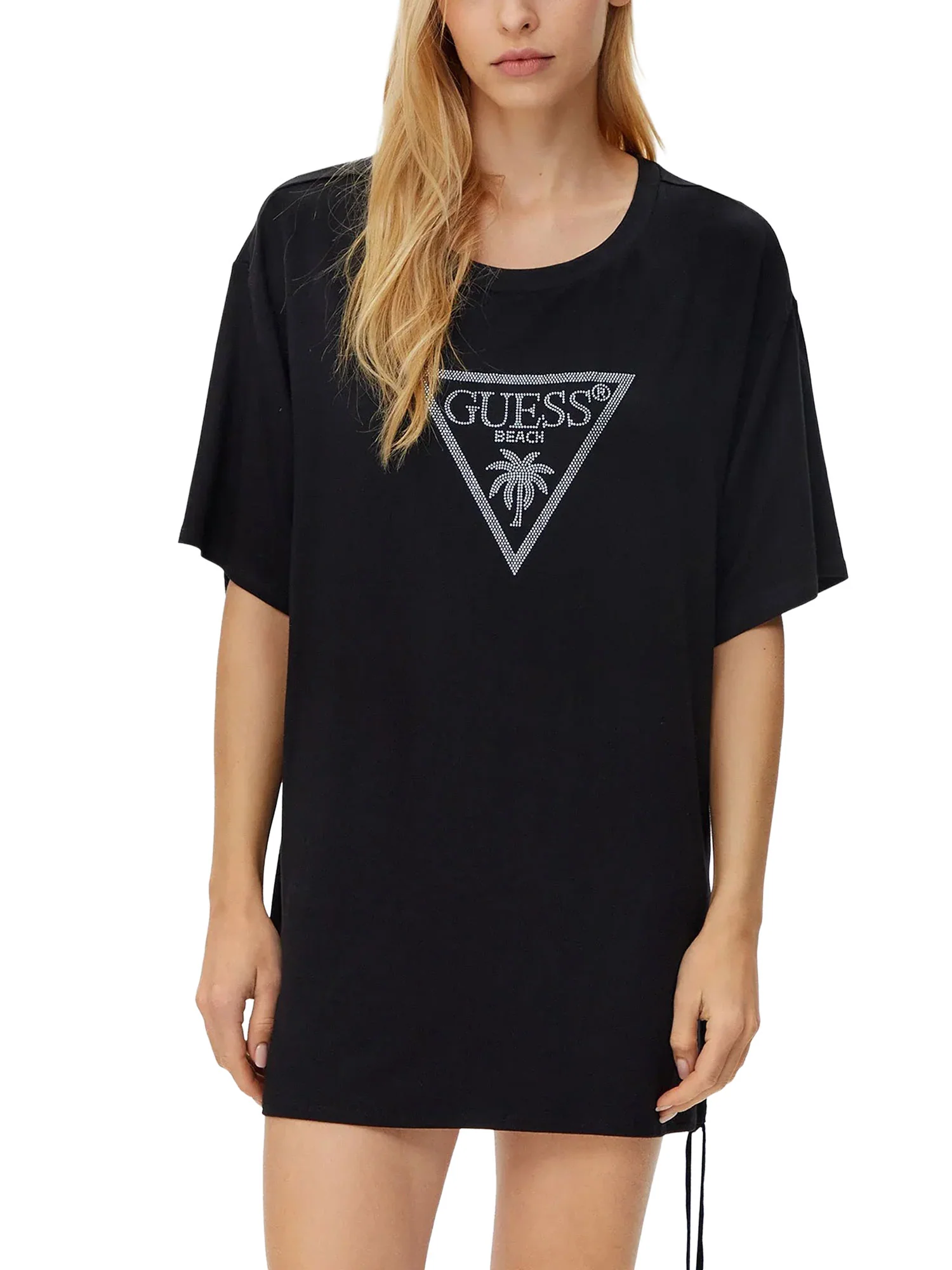 T-shirt manica corta Guess donna con maxi triangle strass nero