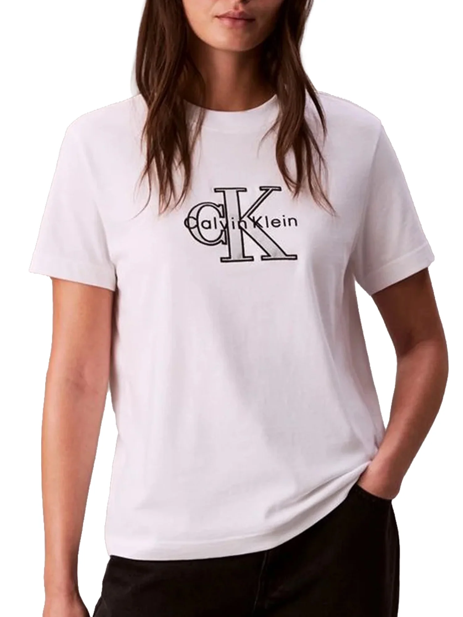 T-Shirt Calvin Klein Donna con Logo metallico Bianco