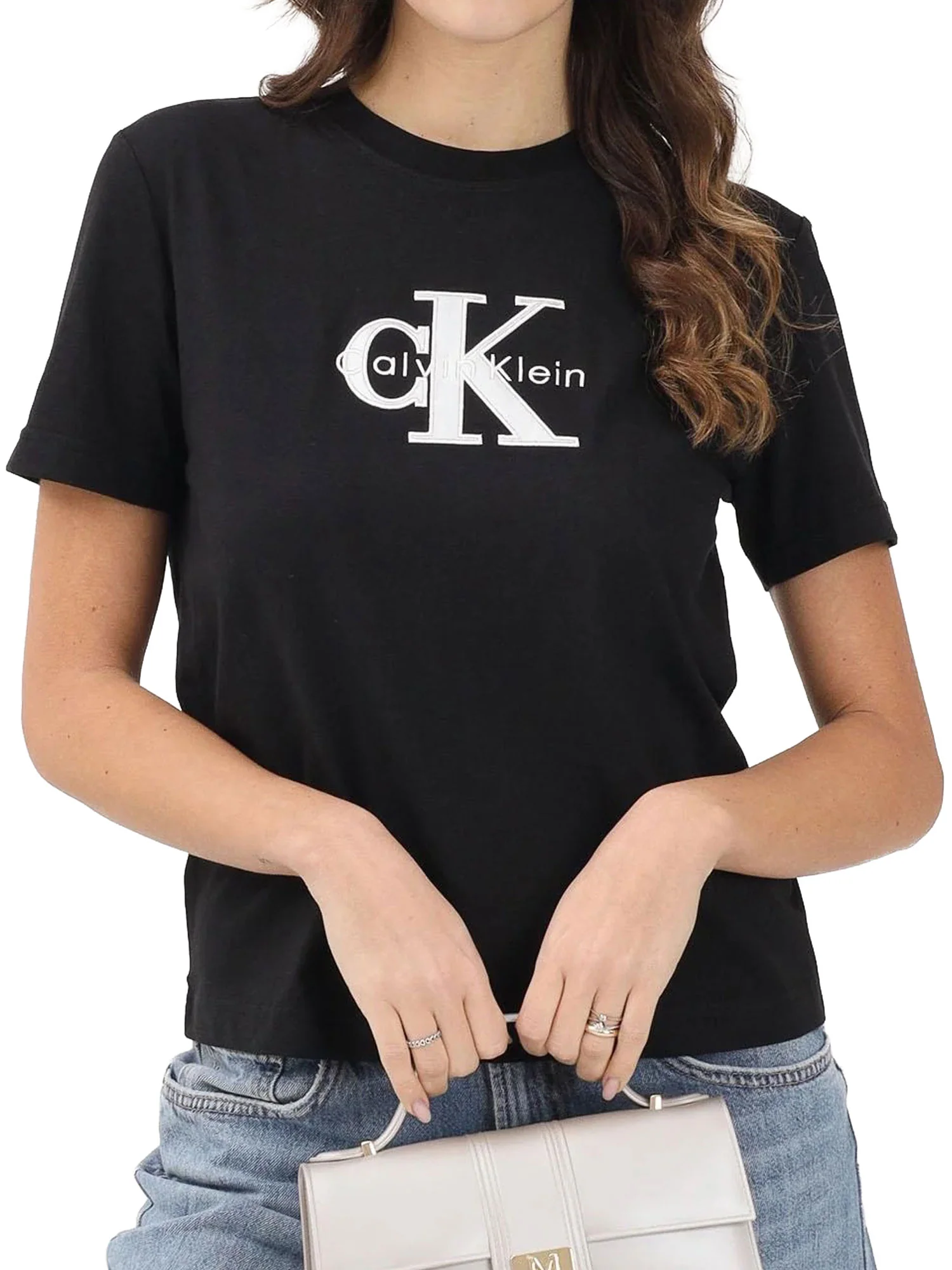 T-Shirt Calvin Klein Donna con Logo metallico Nero