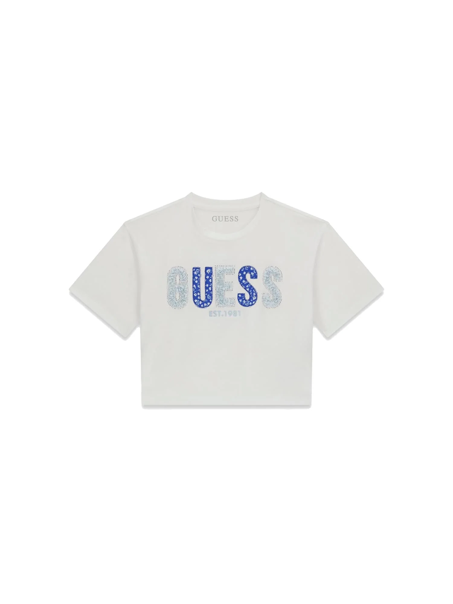 T-shirt Guess Bambina midi logo con strass bianco