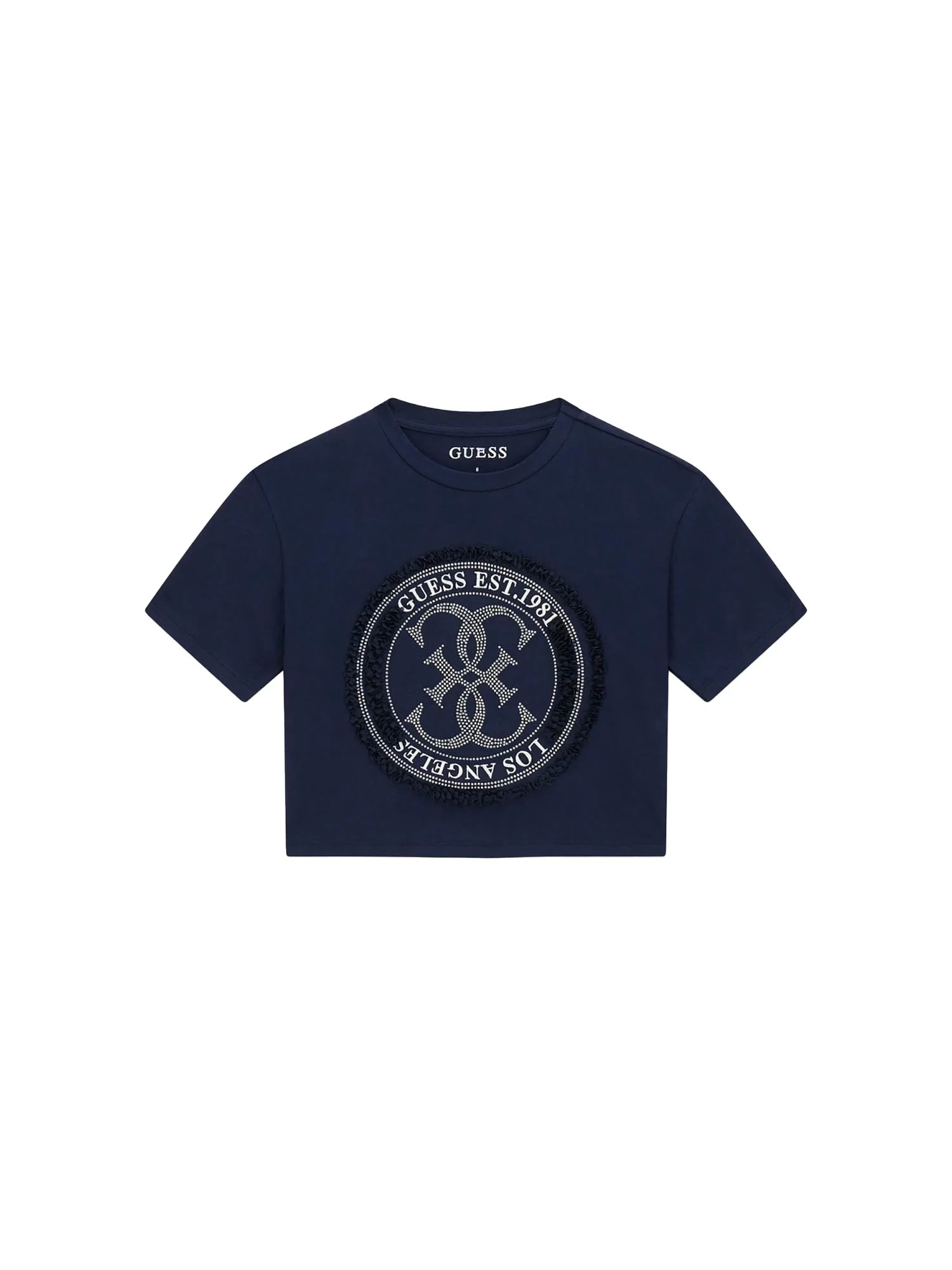 T-shirt Guess Bambina midi logo con strass blu