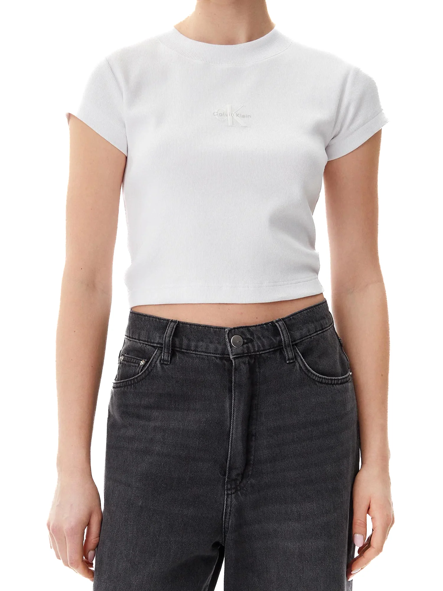 T-shirt Calvin Klein cropped logo monogram baby bianco