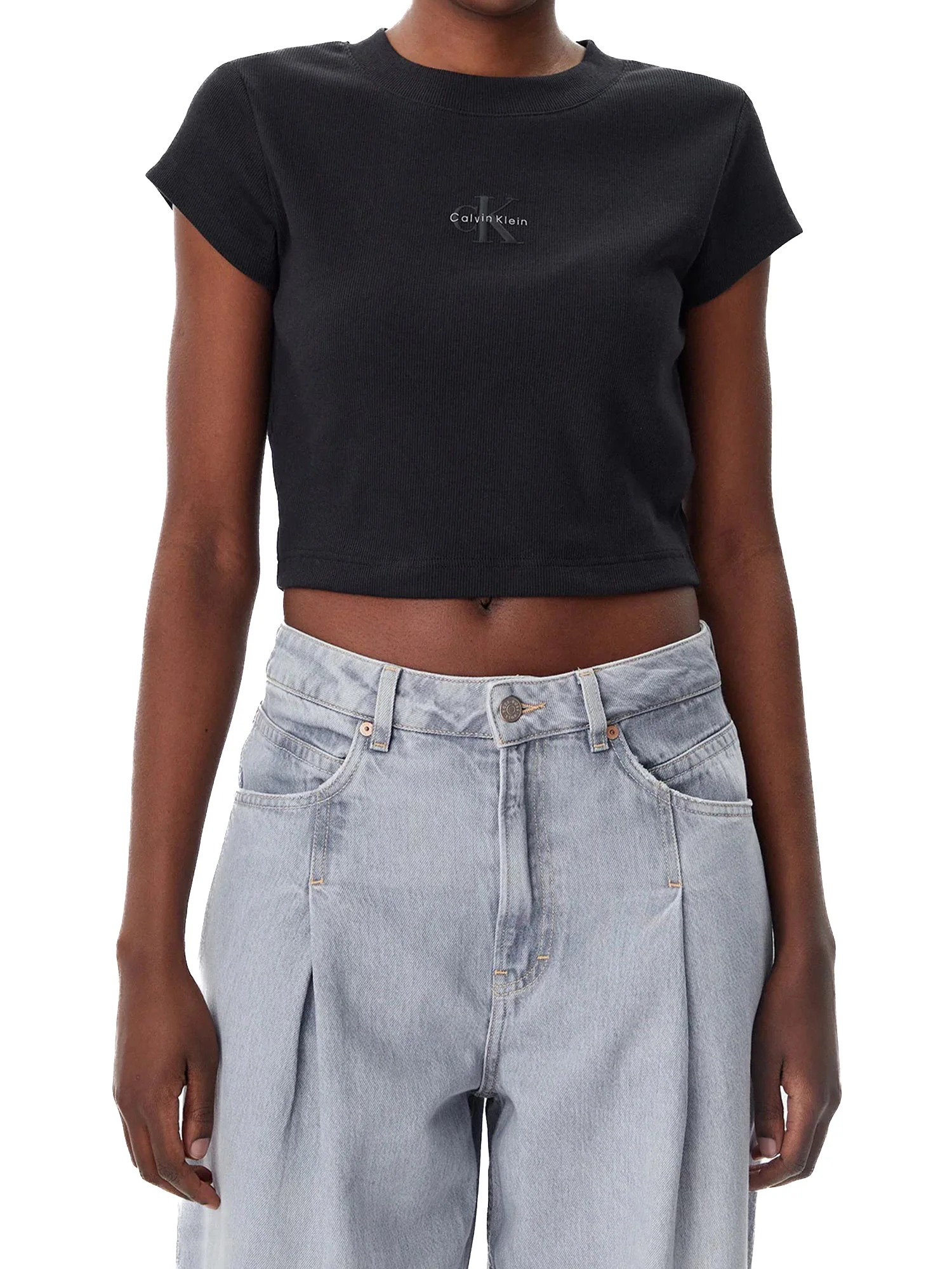 T-shirt Calvin Klein cropped logo monogram baby nero