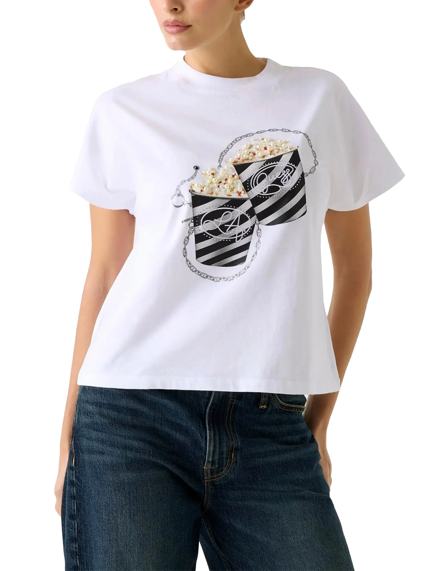 T-shirt Guess Donna popcorn bianco