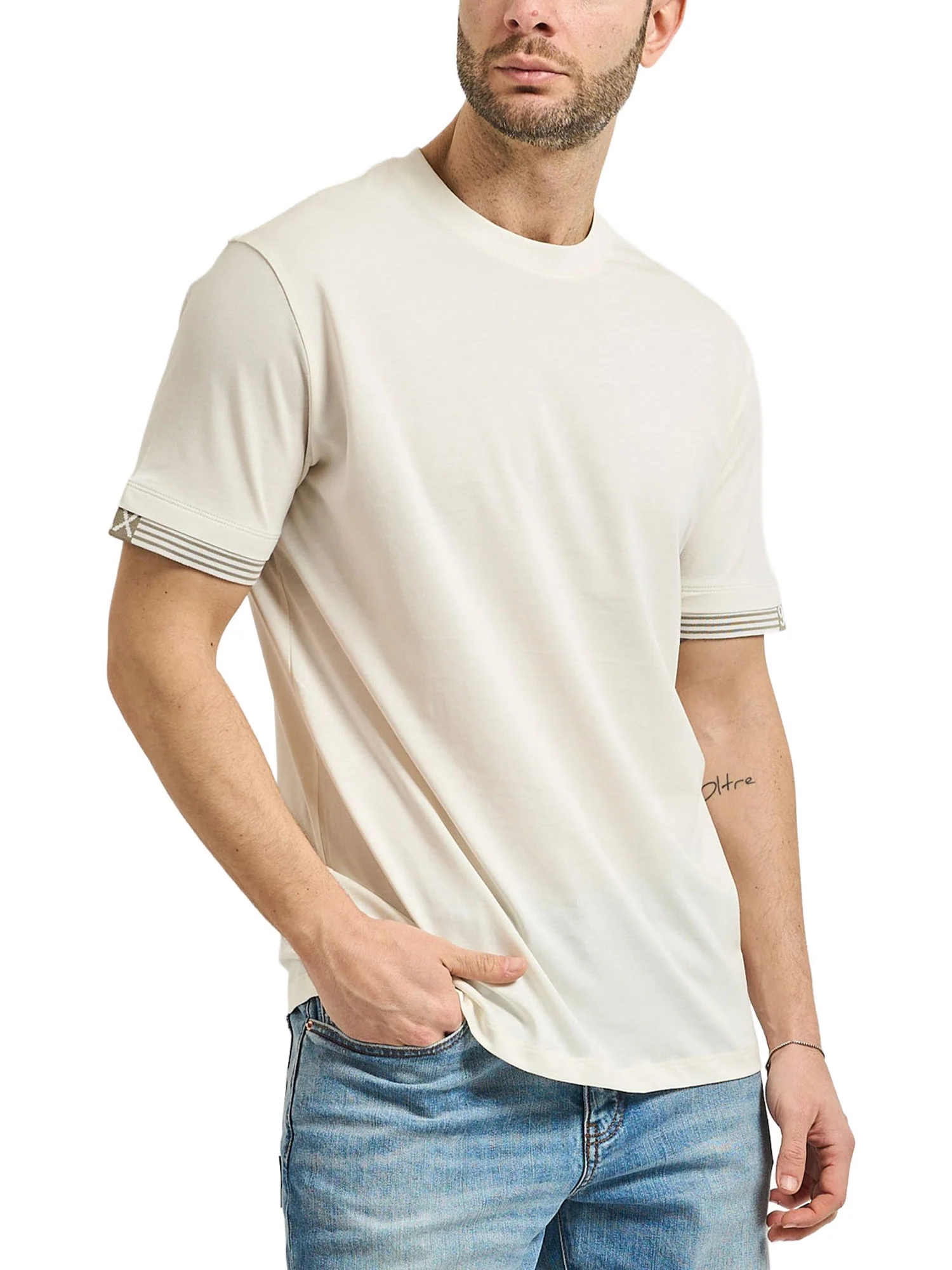 T-shirt Armani Exchange Uomo manica corta con righe sulla manica beige - Image 3