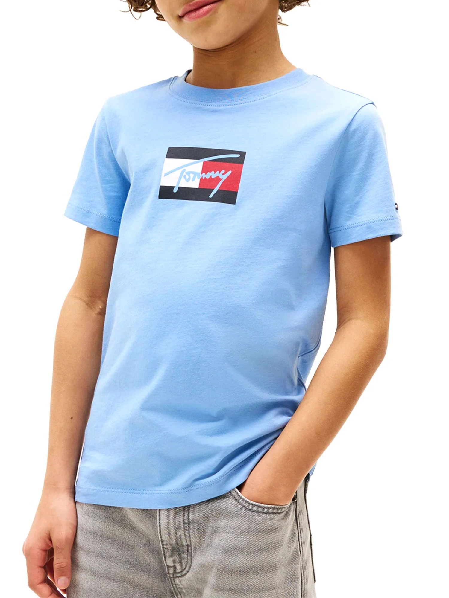 T-shirt manica corta Tommy Hilfiger bambino script flag stampa celeste - Image 2