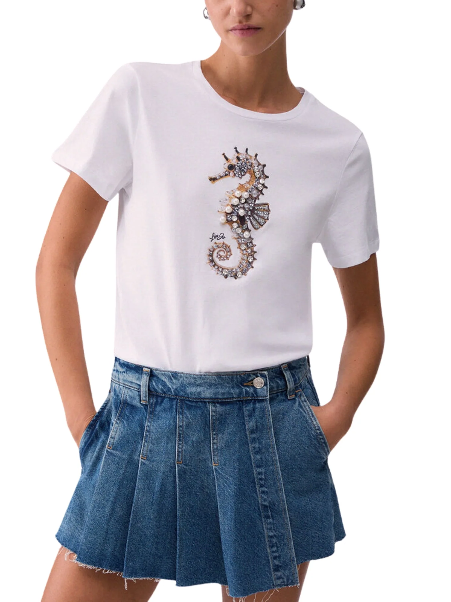 T-shirt Liu Jo donna manica corta modello Seahorse bianco/argento
