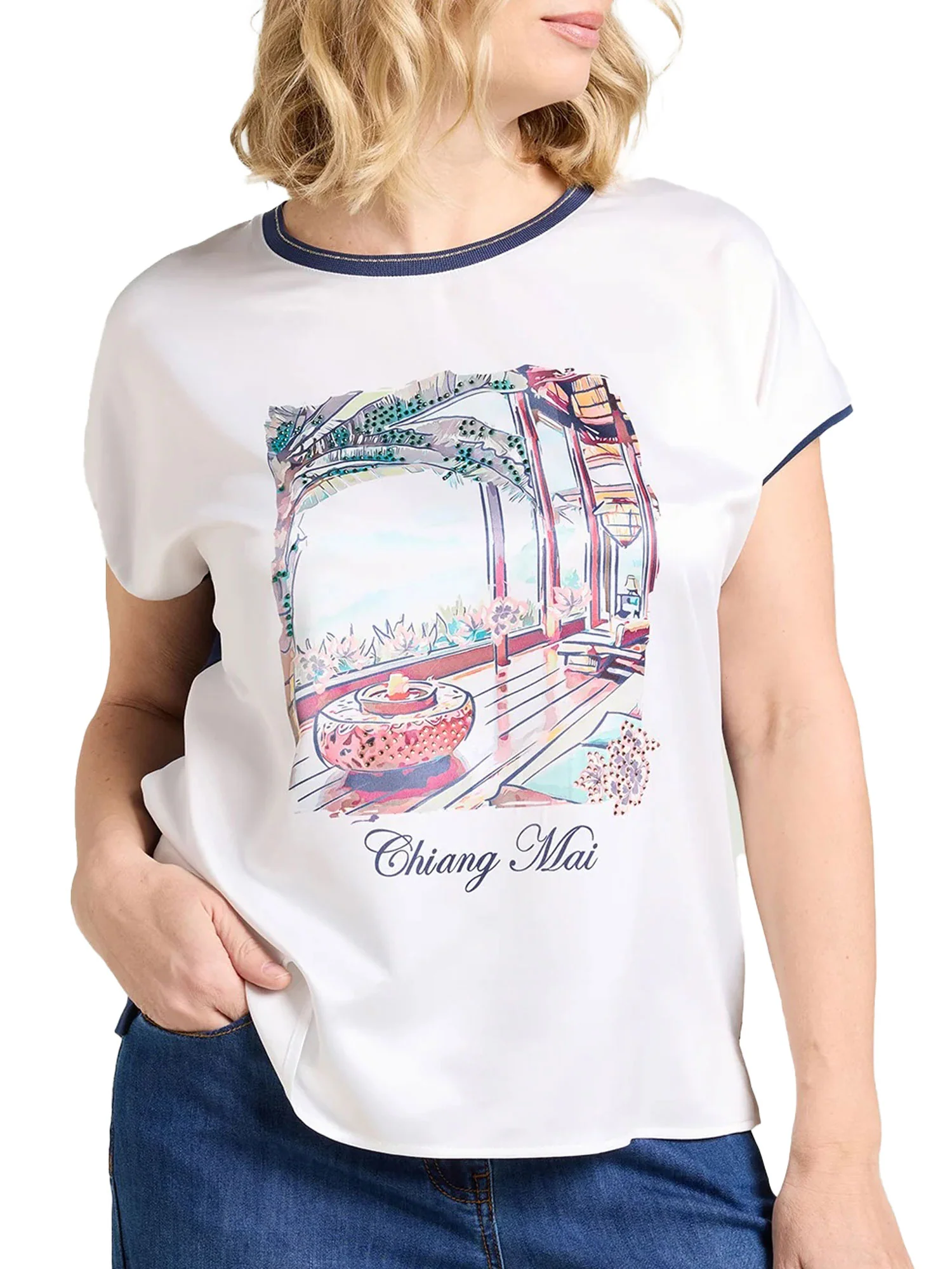 T-shirt Luisa Viola donna manica corta stampa Poly bianco/blu