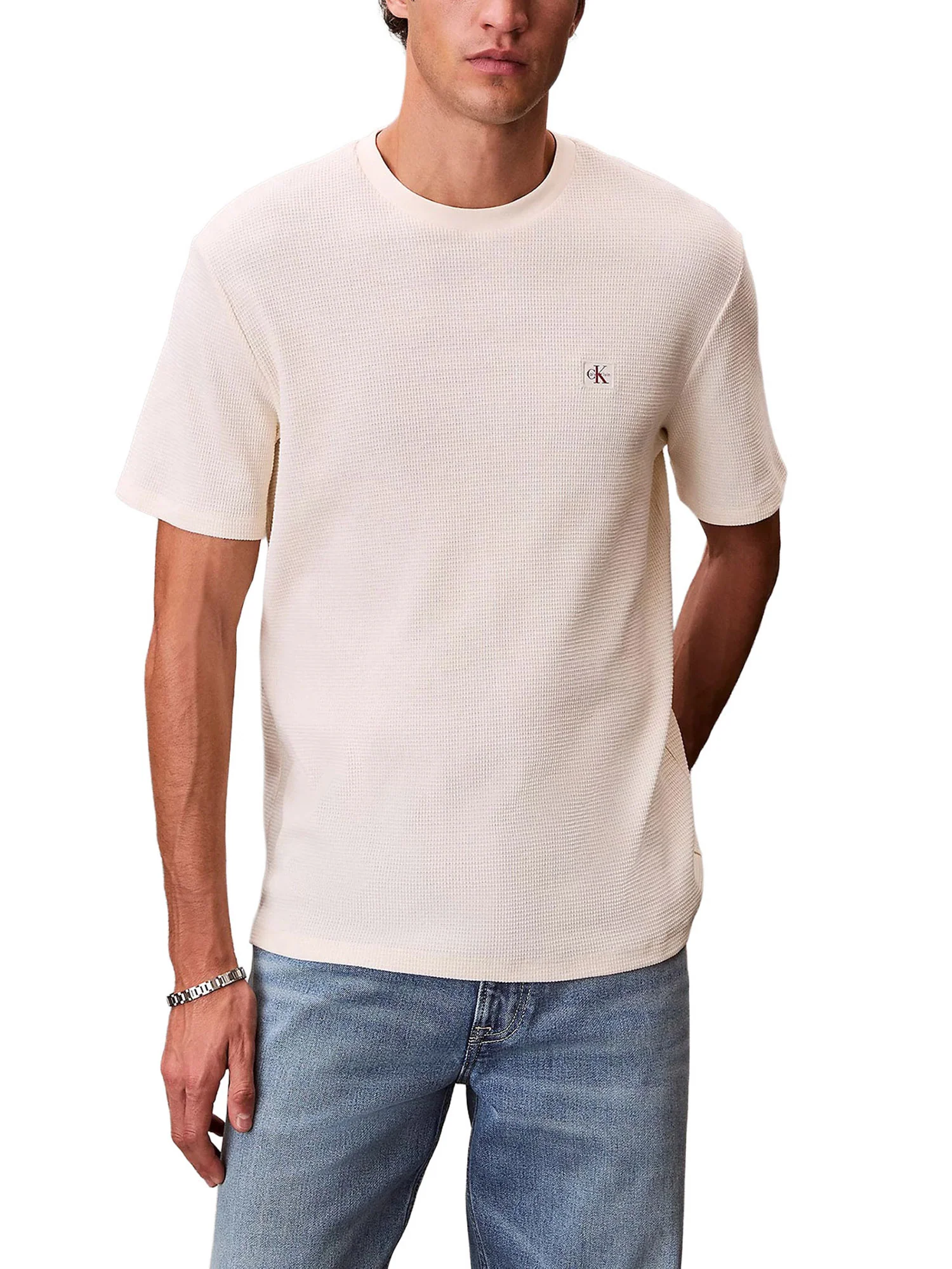 T-shirt Calvin Klein Jeans Uomo manica corta waffle badge Panna