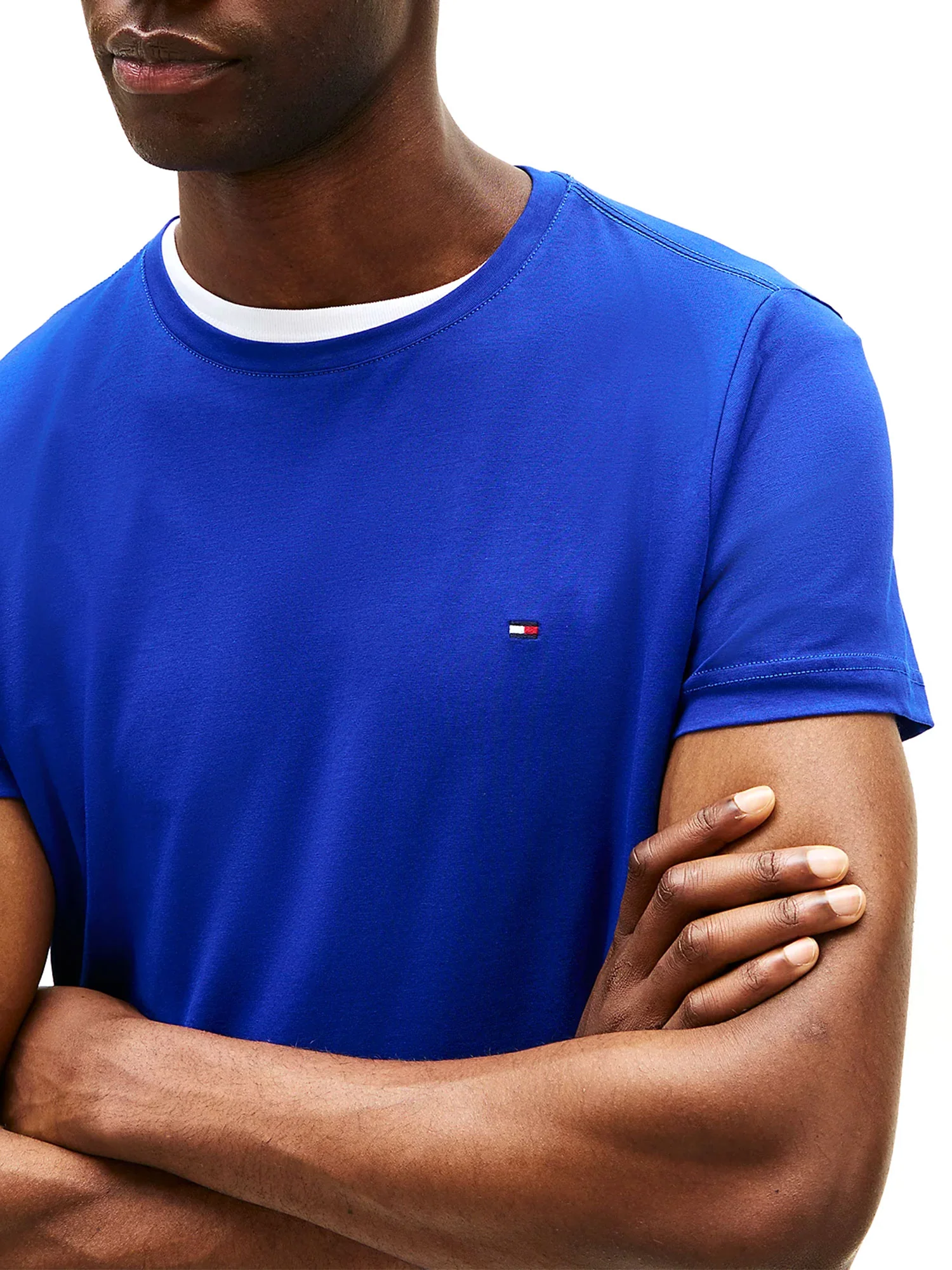 T-shirt slim fit con bandierina ricamata blu - Image 3