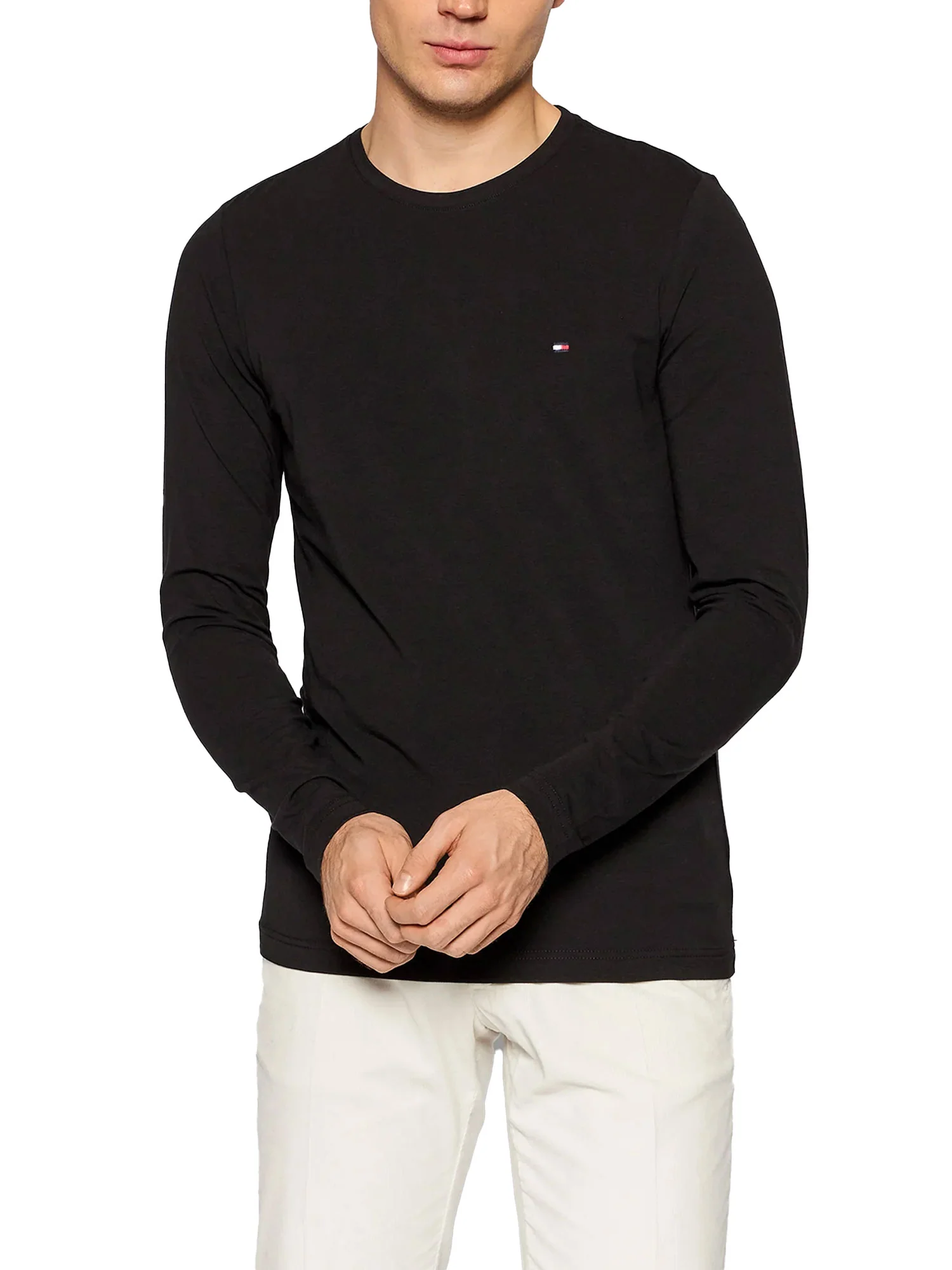 T-shirt slim fit manica lunga logo bandierina nero