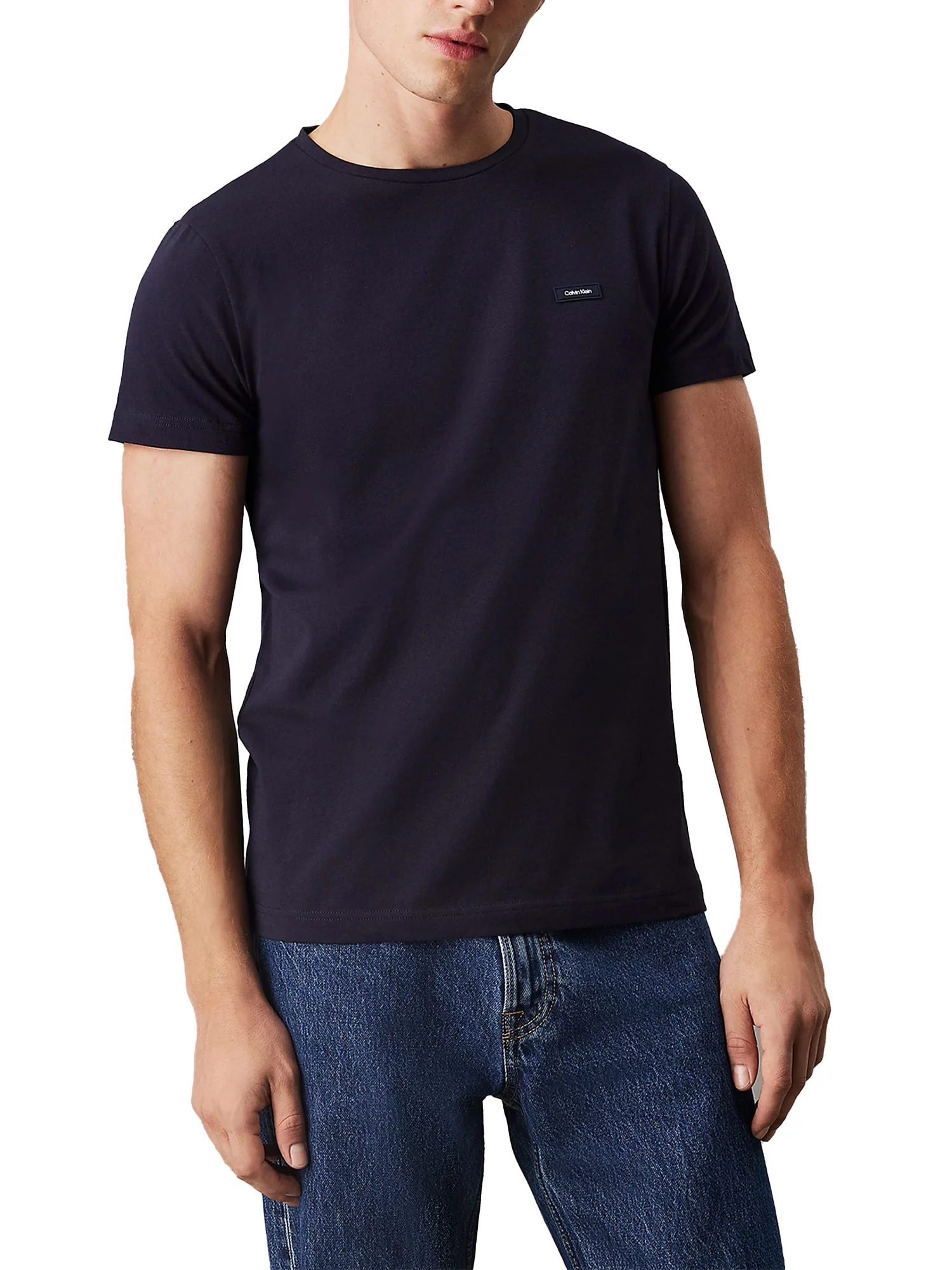 T-shirt slim in cotone stretch con targhetta logo blu