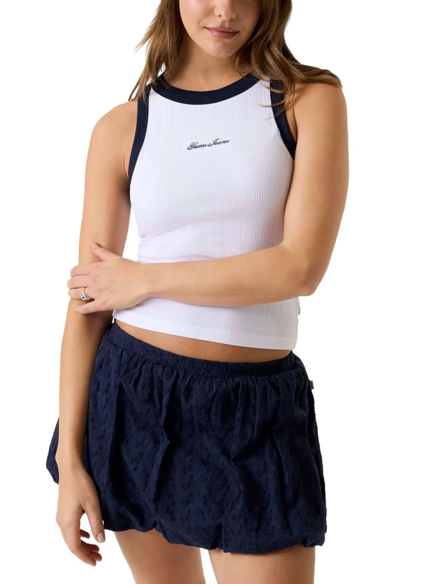 Top Guess donna Tank Rib Embro Ringer bianco
