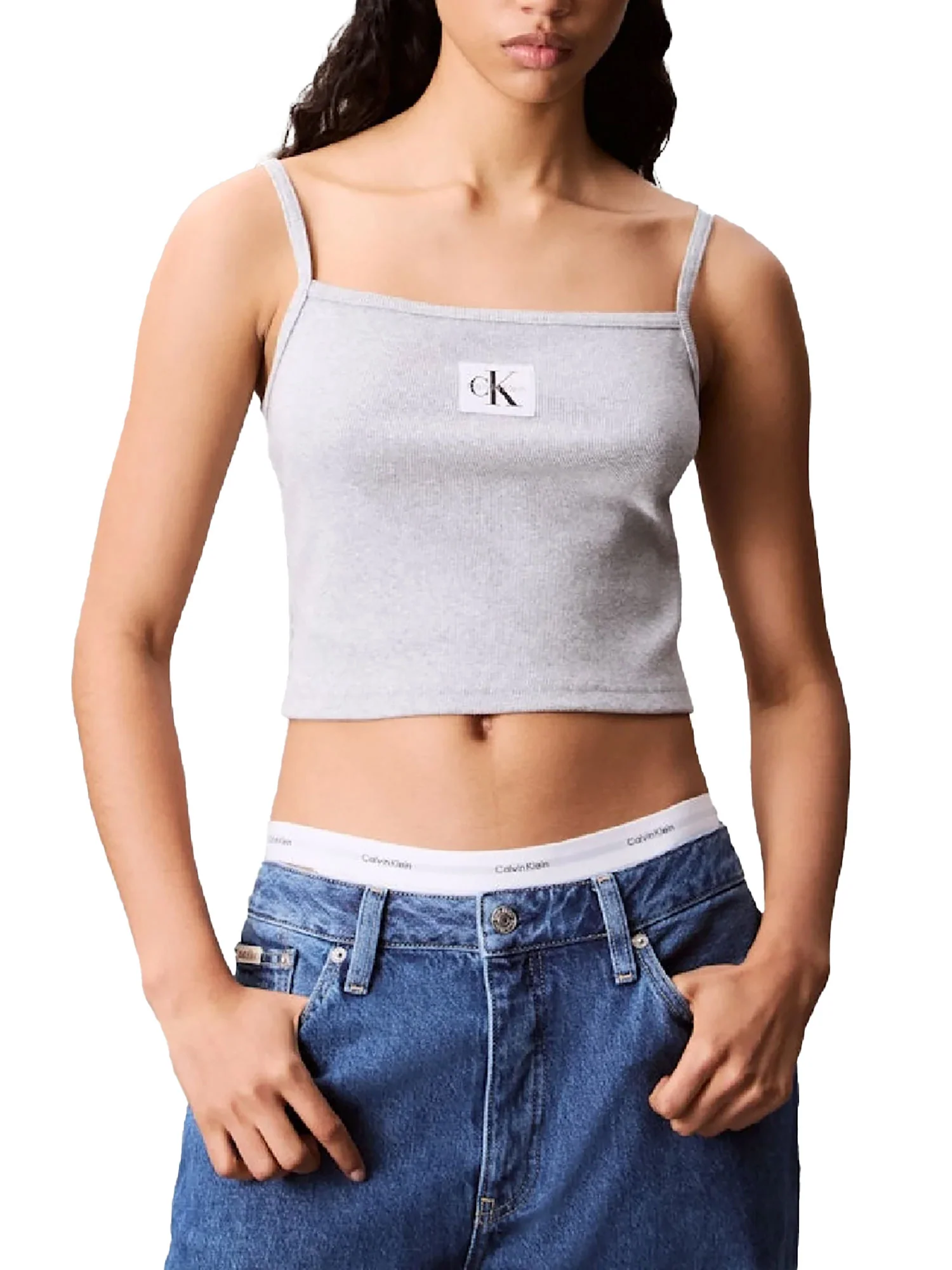 Top Calvin Klein a costine con bratelle e logo label grigio