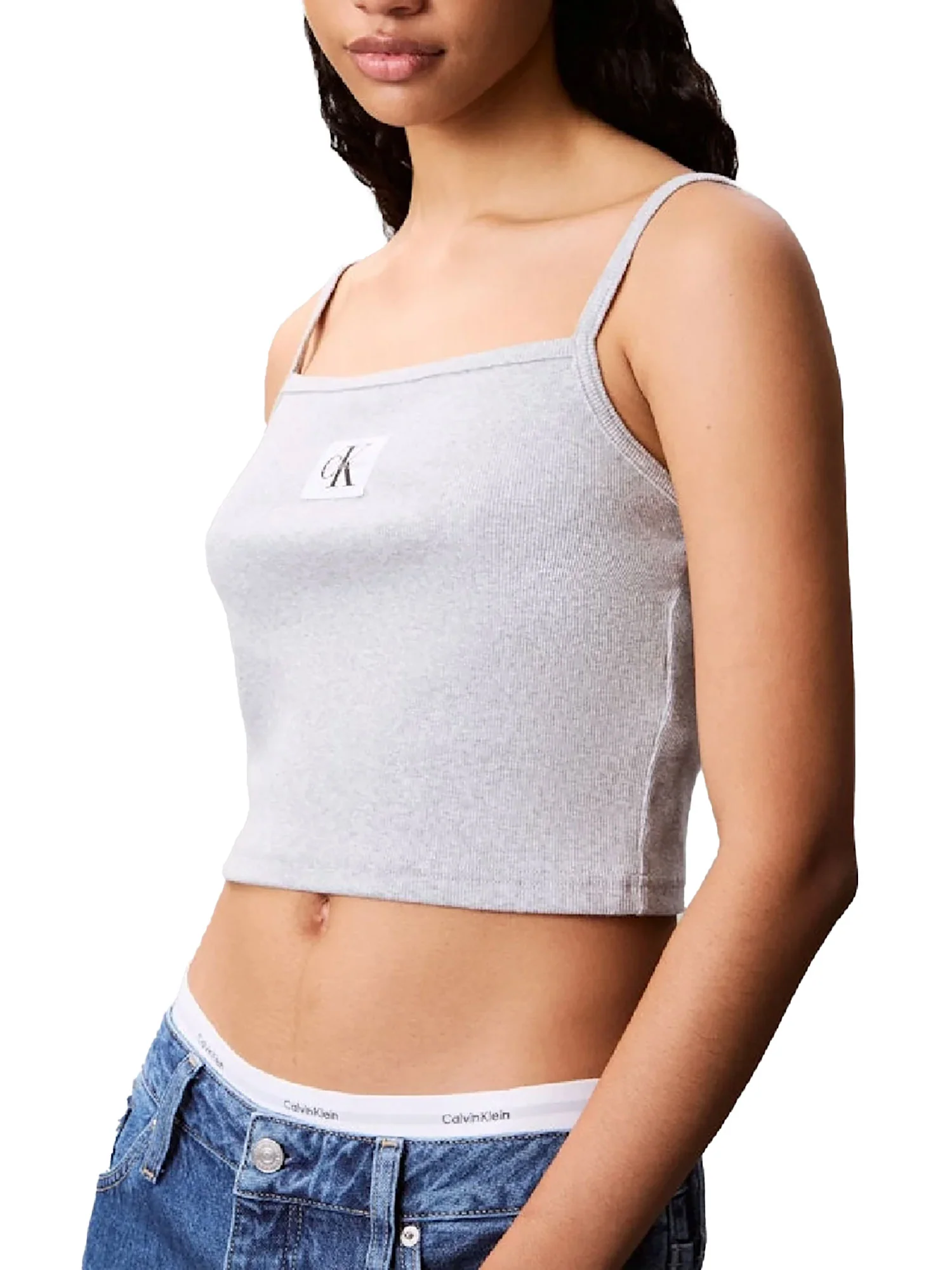 Top Calvin Klein a costine con bratelle e logo label grigio - Image 3