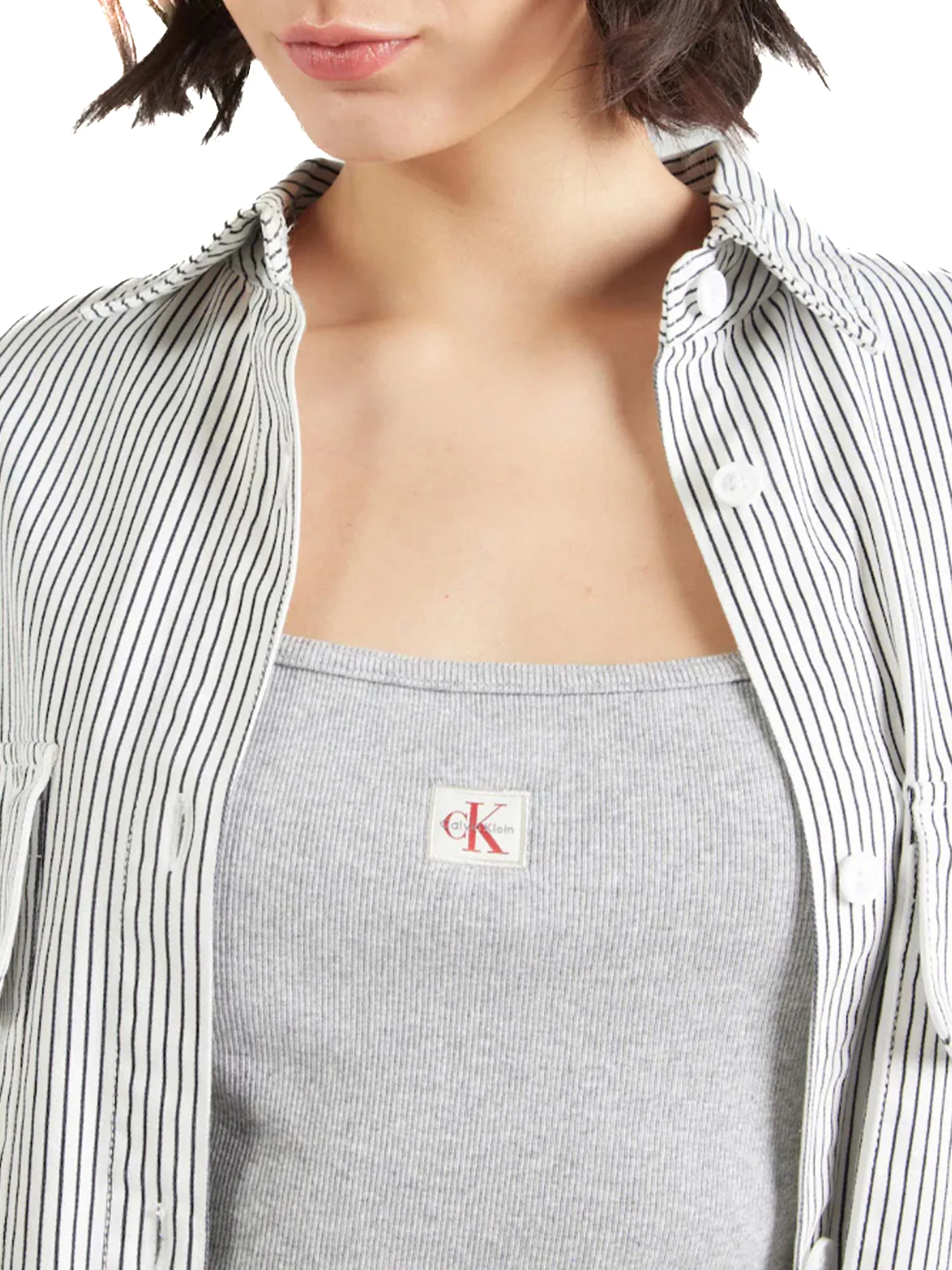 Top Calvin Klein a costine con bratelle e logo label grigio - Image 4