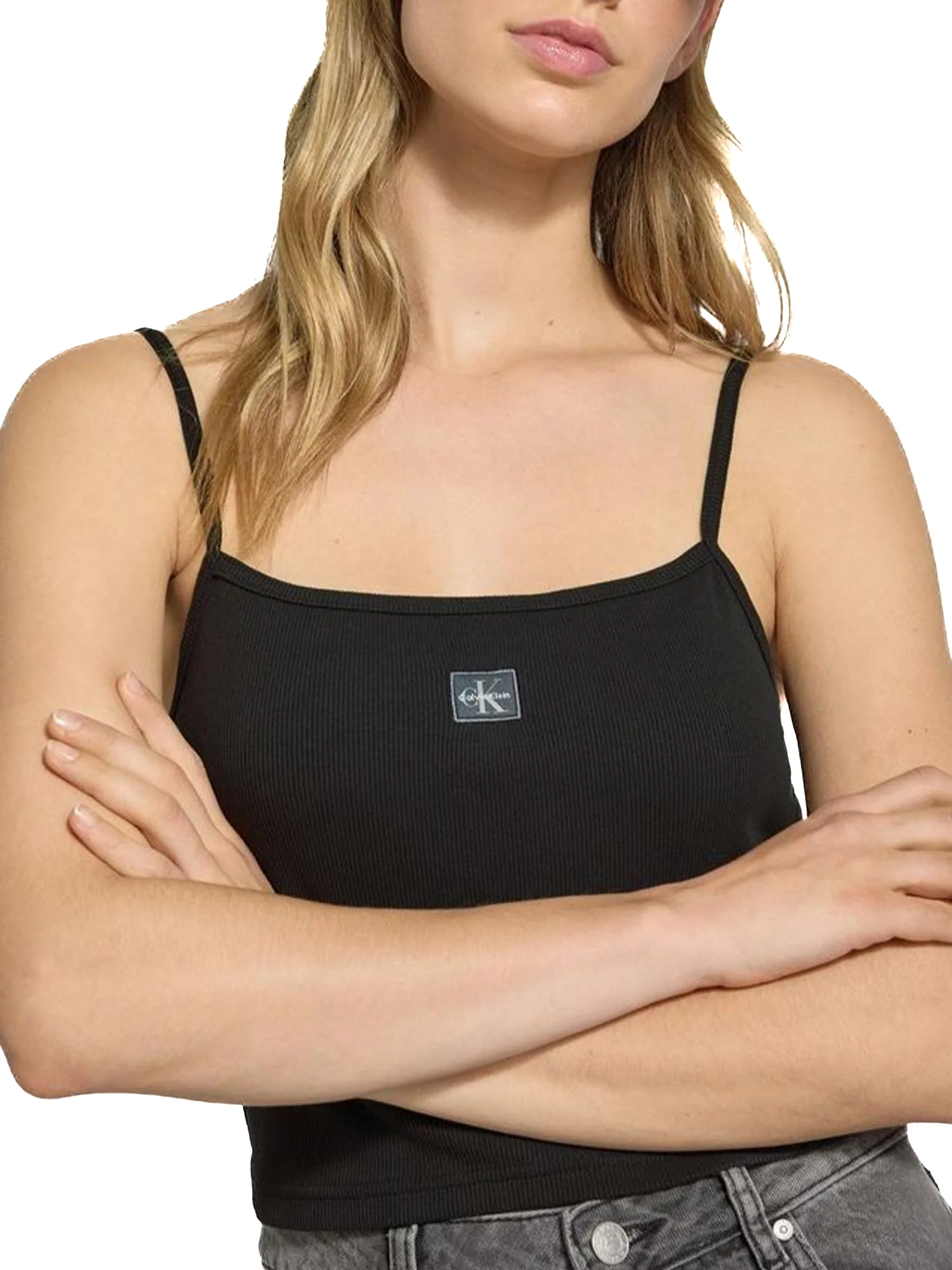 Top Calvin Klein a costine con bratelle e logo label nero - Image 3