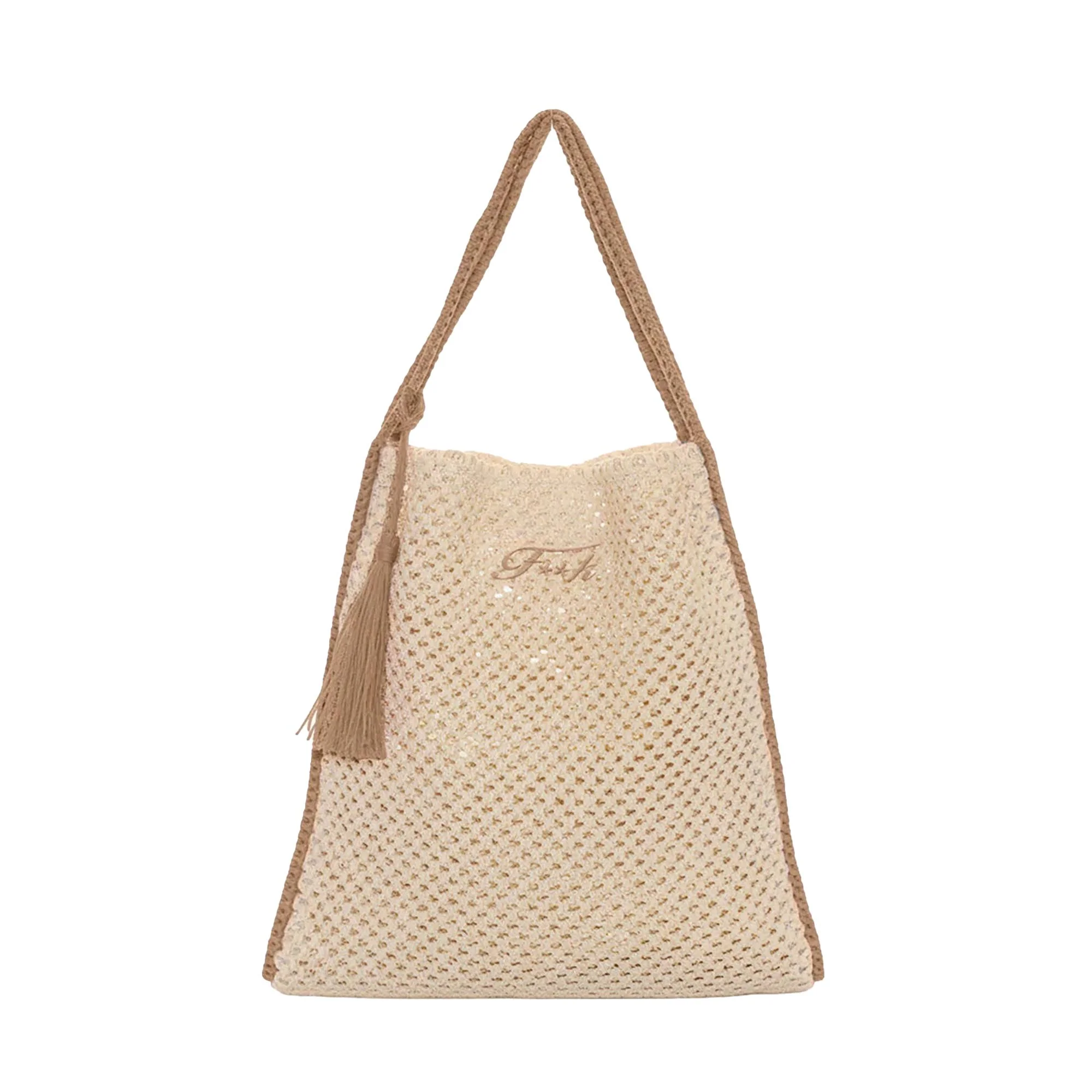 Borsa mare a spalla F**k Donna in rafia con nappina beige